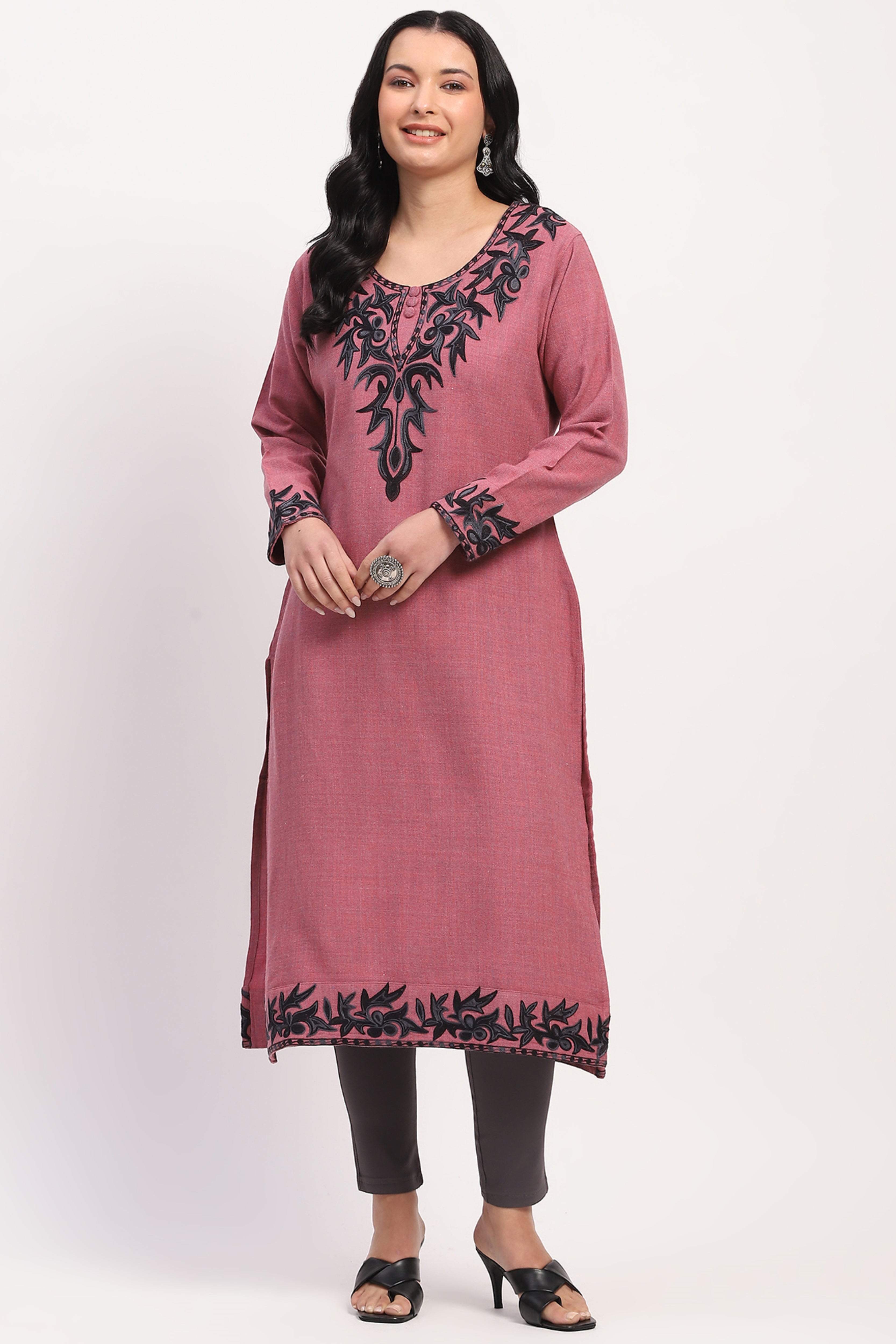 Pink Embroidered Winter Kurta