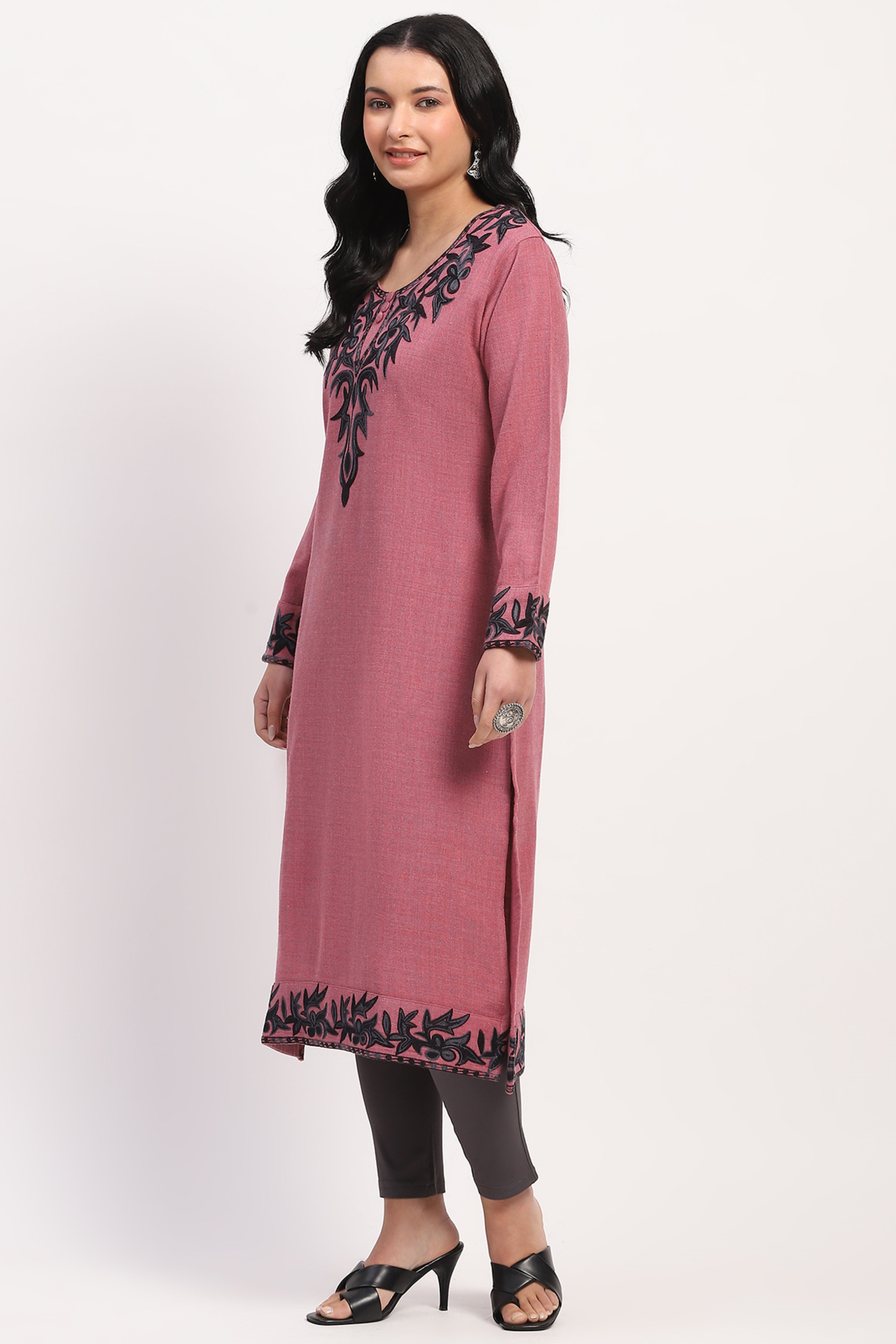 Pink Embroidered Winter Kurta