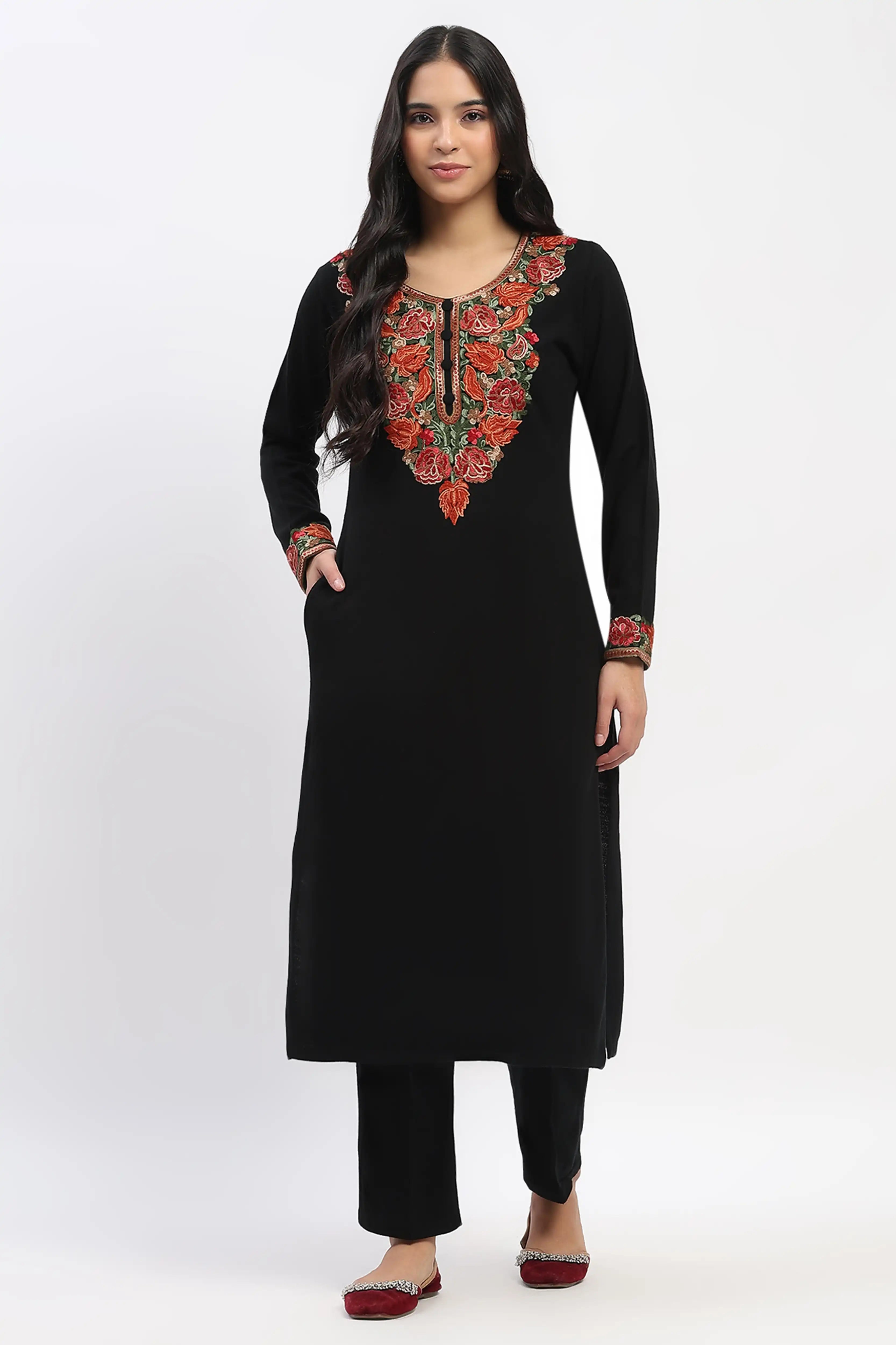Black Floral Embroidered Winter Kurta