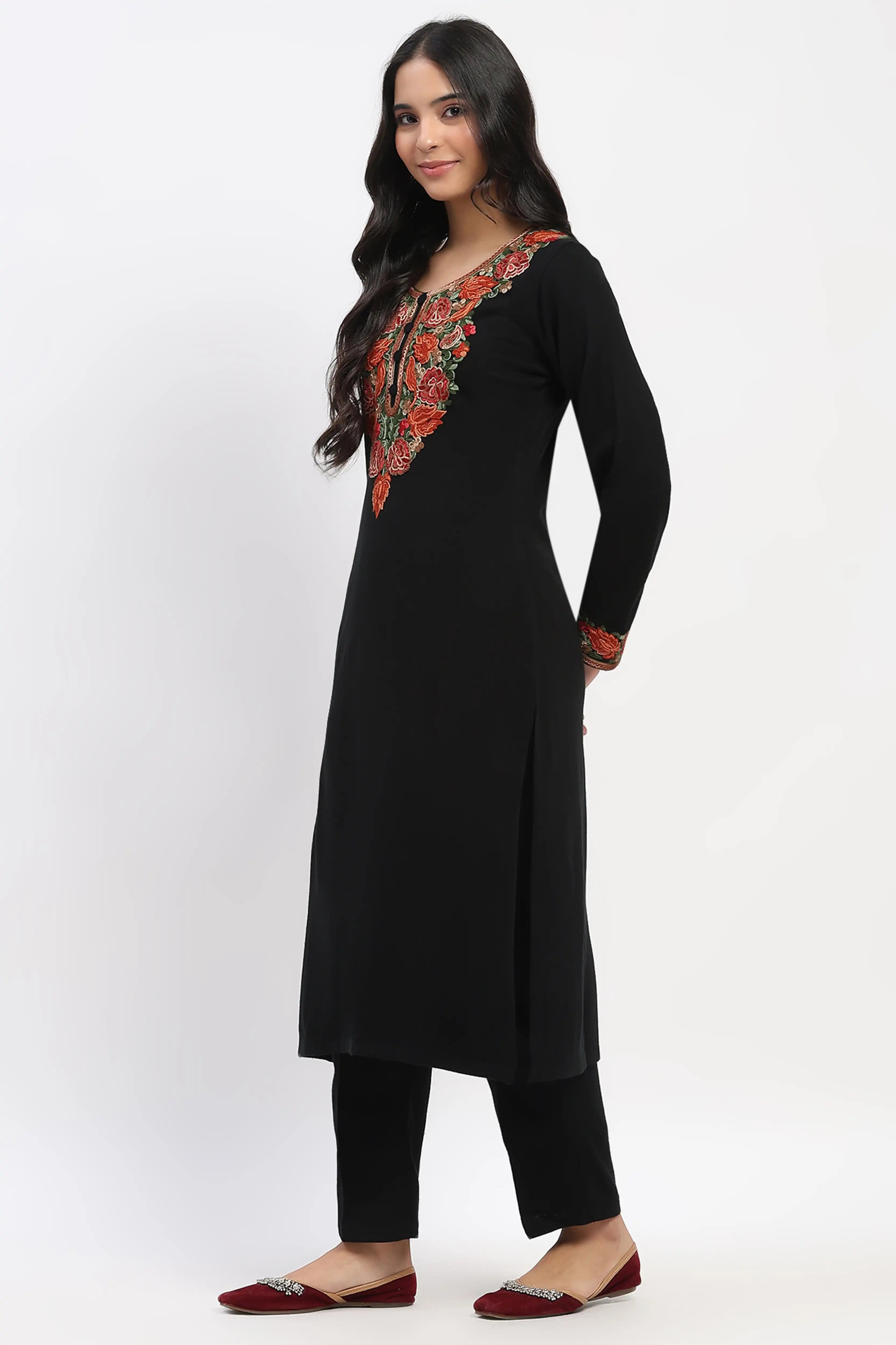 Black Floral Embroidered Winter Kurta