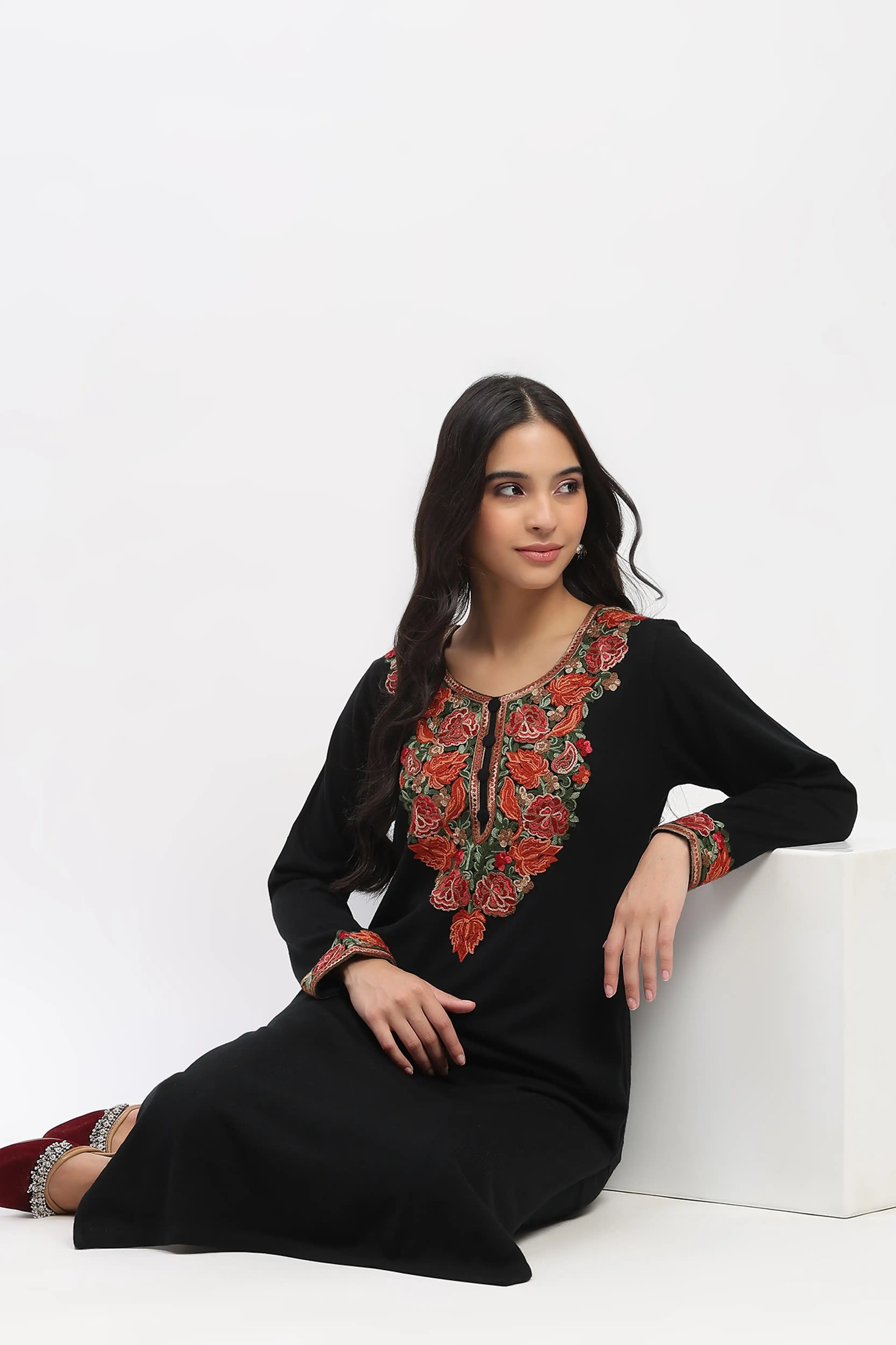 Black Floral Embroidered Winter Kurta
