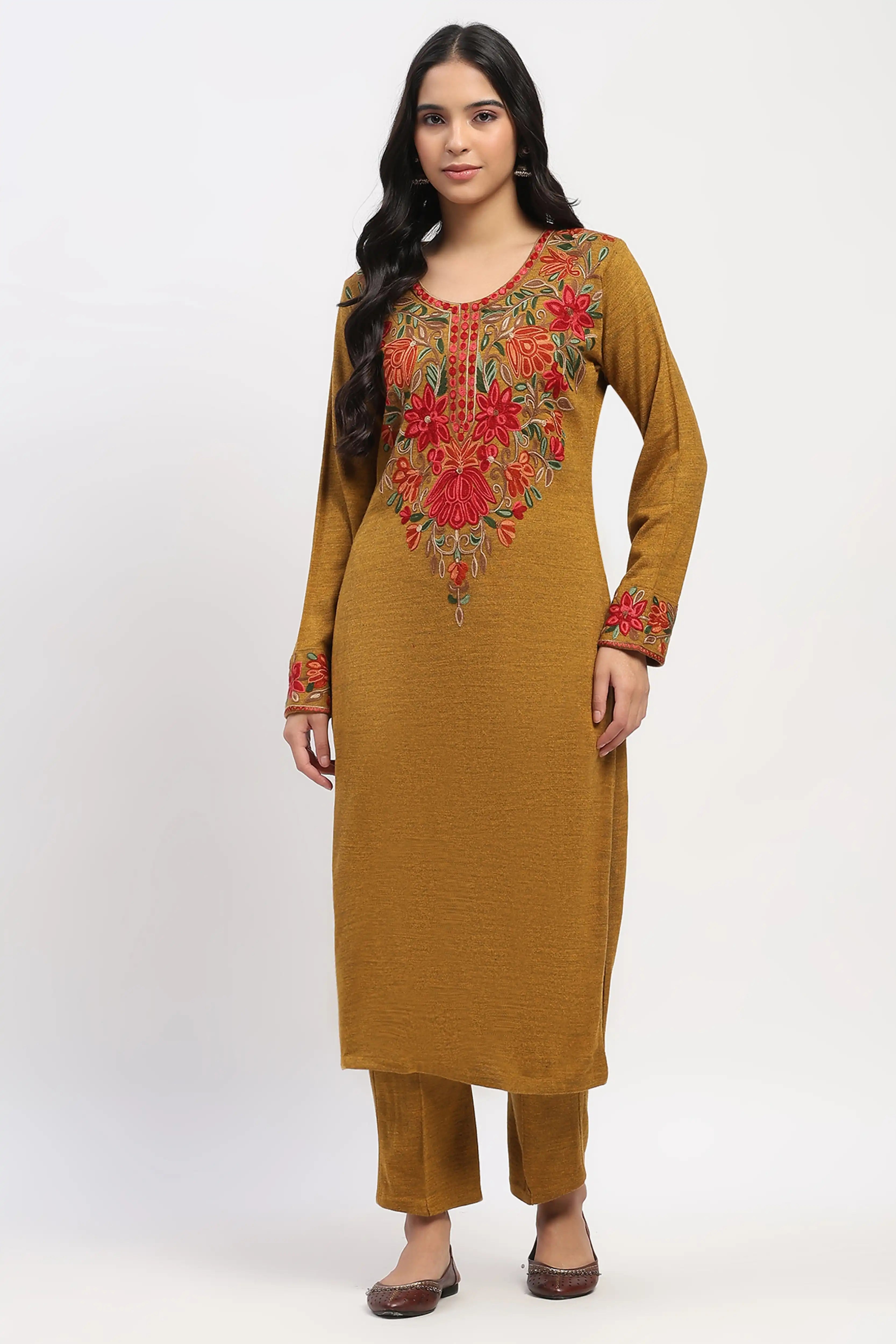 Mustard Floral Embroidered Winter Kurta