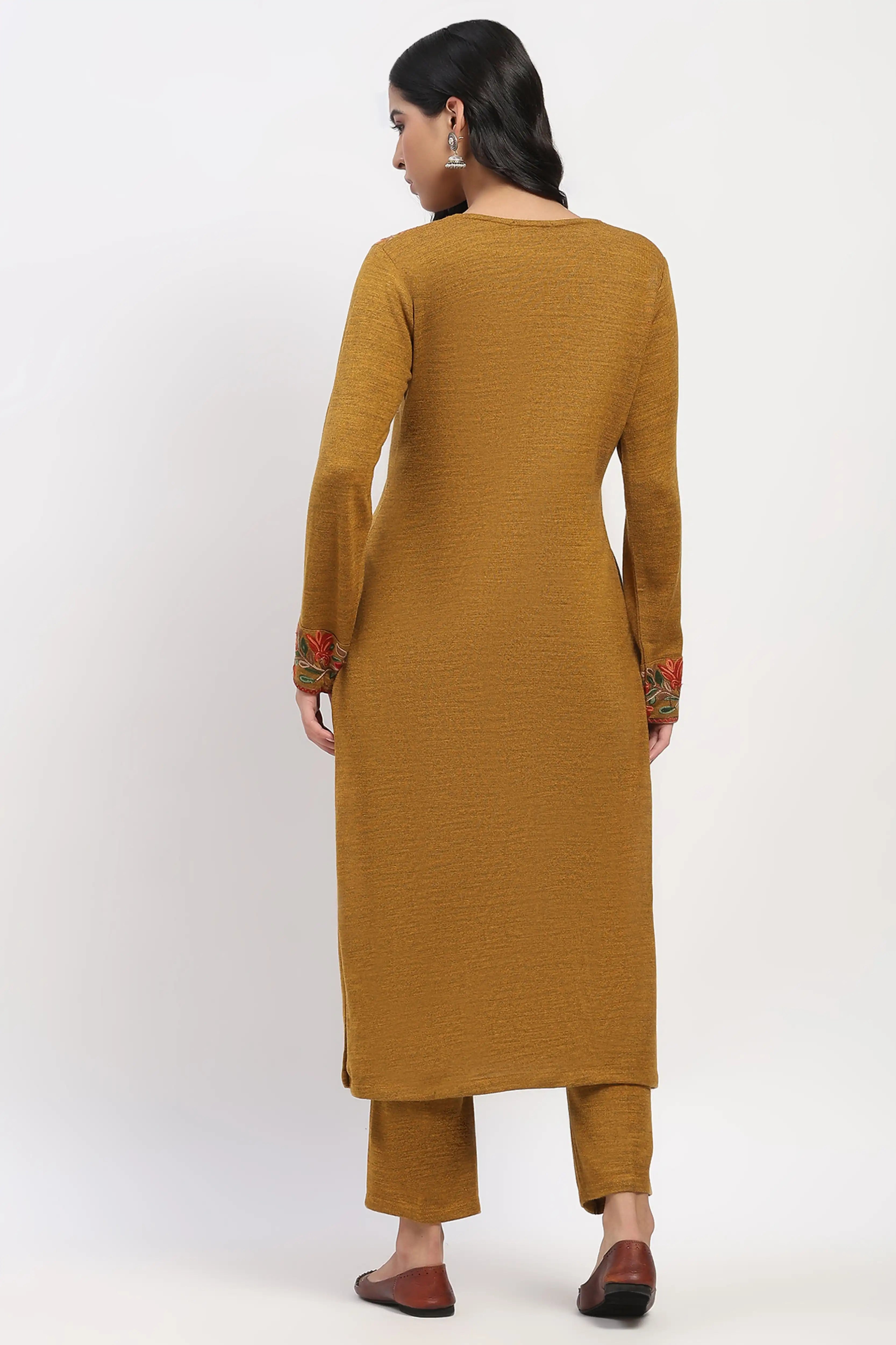 Mustard Floral Embroidered Winter Kurta