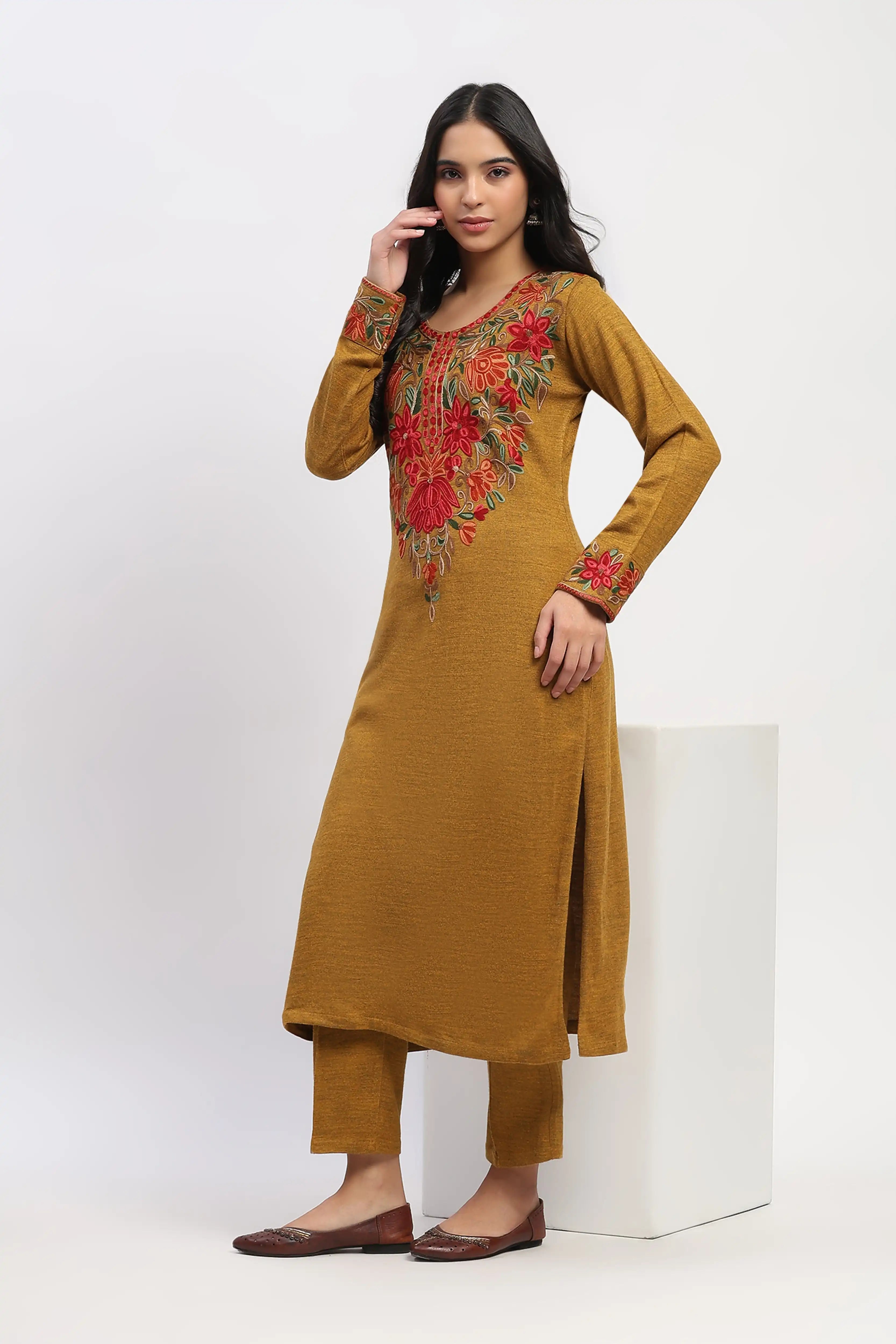 Mustard Floral Embroidered Winter Kurta