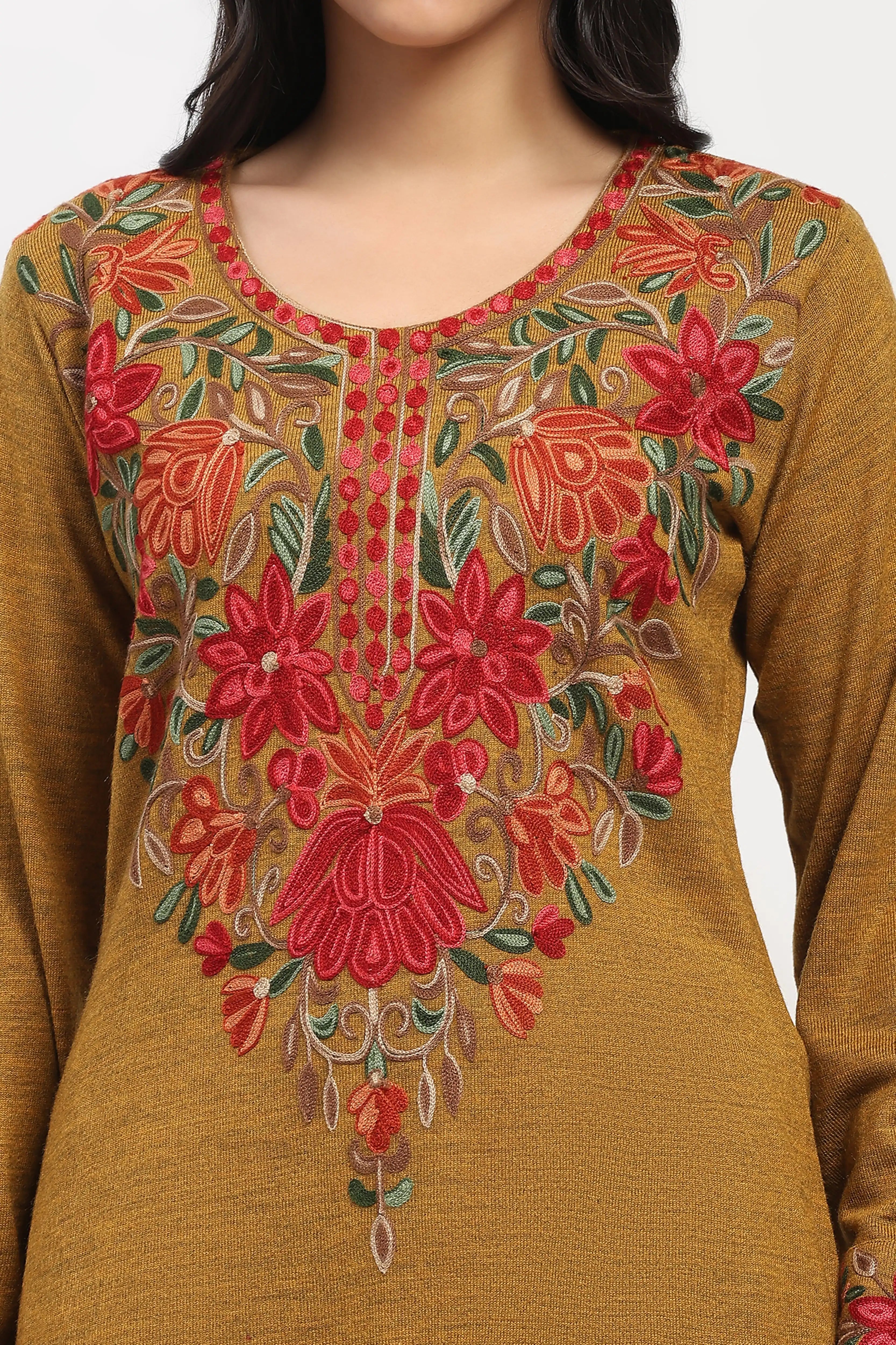 Mustard Floral Embroidered Winter Kurta