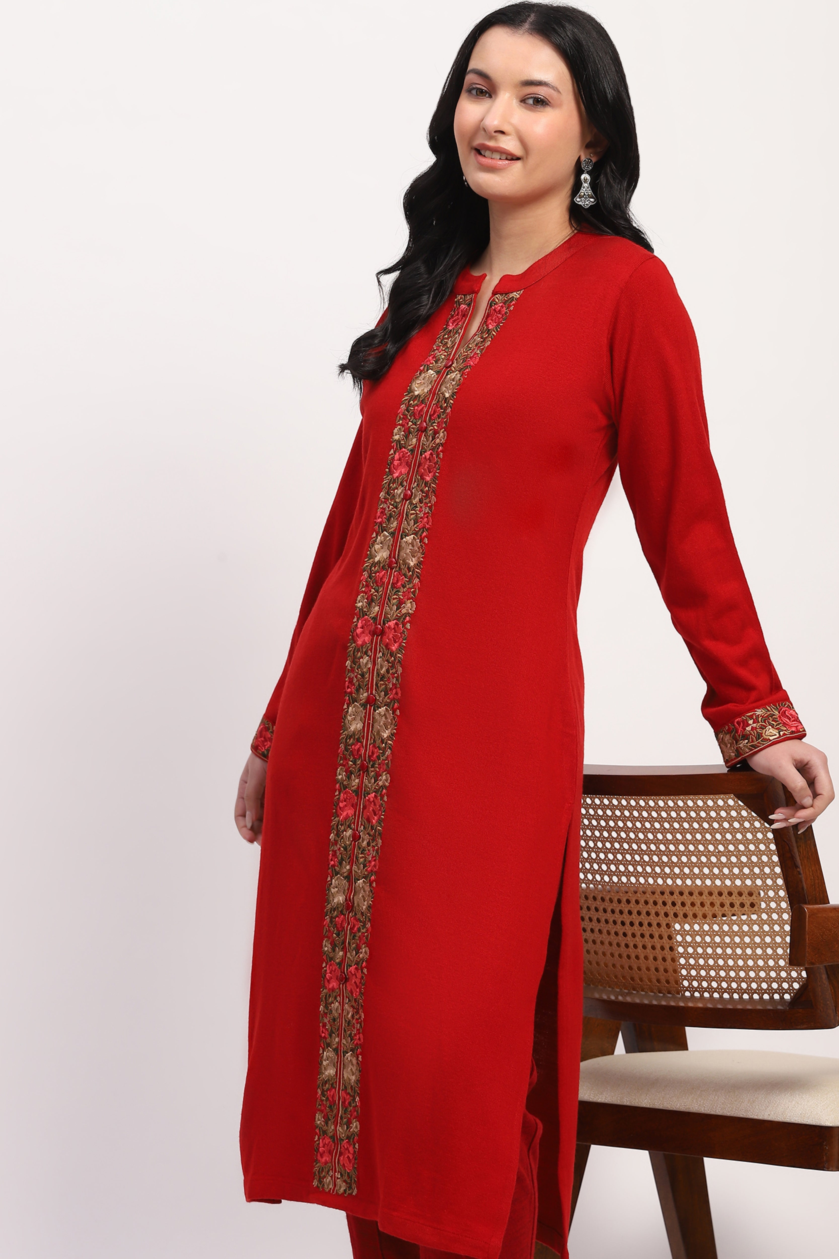 Red Floral Embroidered Winter Kurta