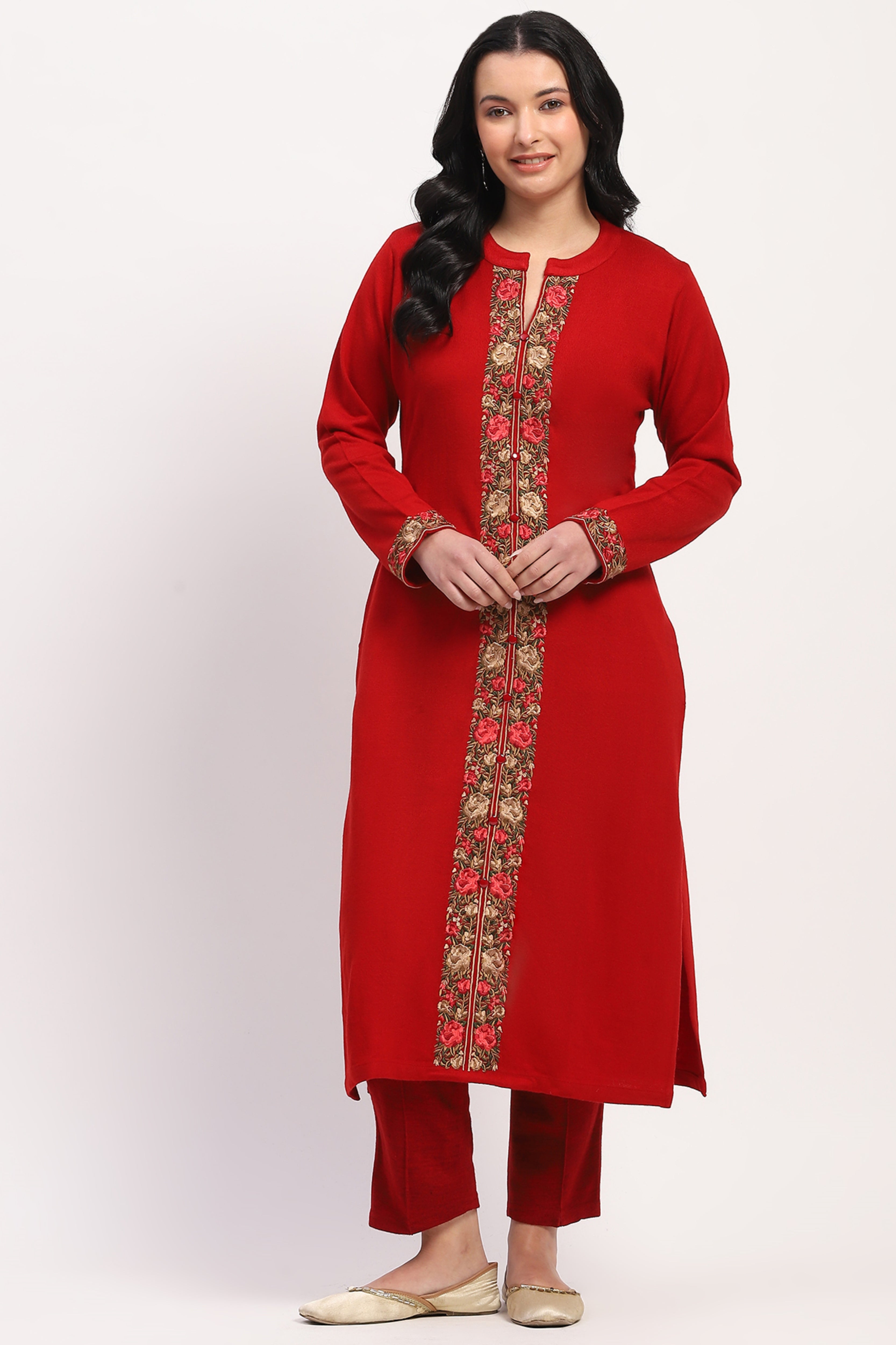 Red Floral Embroidered Winter Kurta