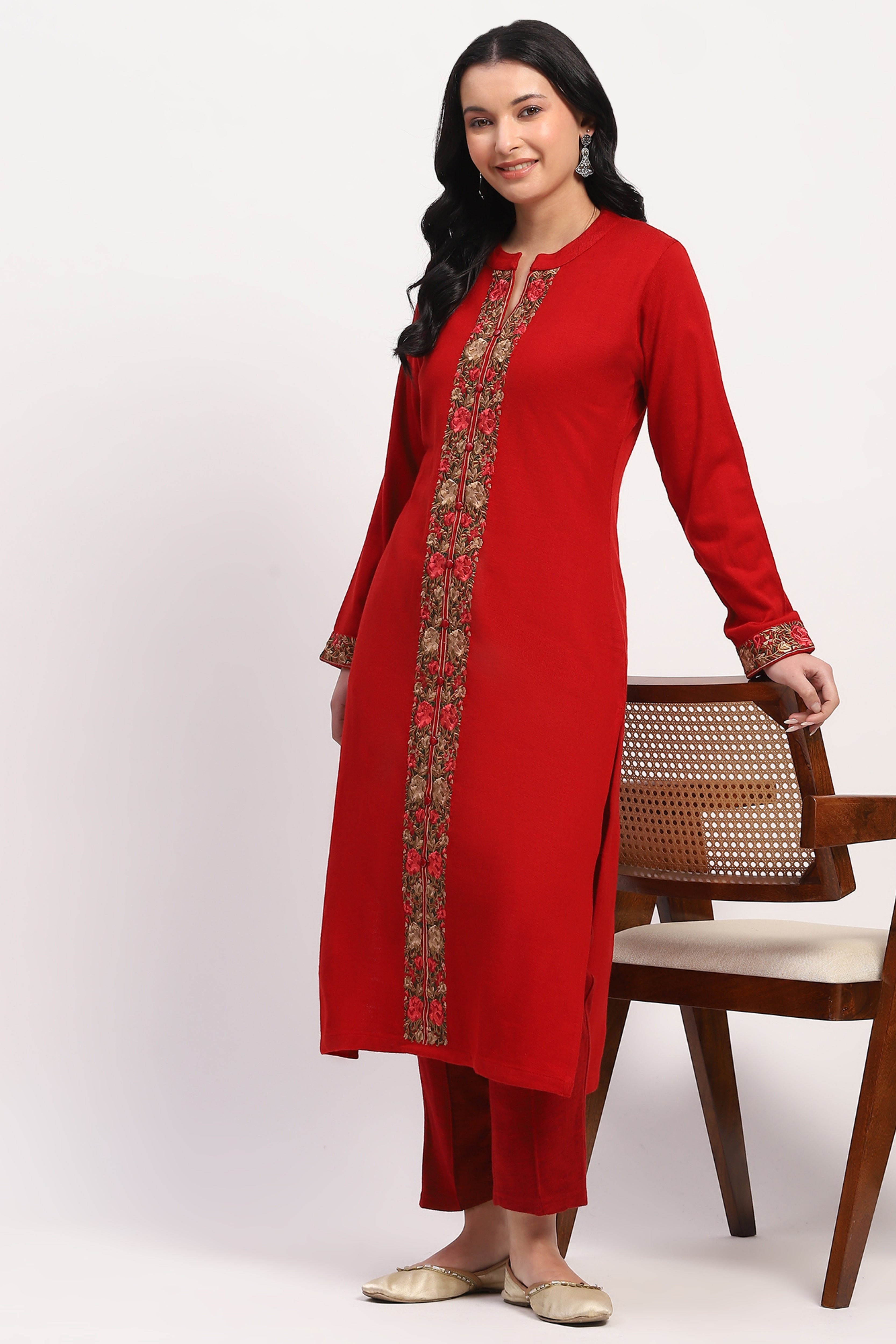 Red Floral Embroidered Winter Kurta