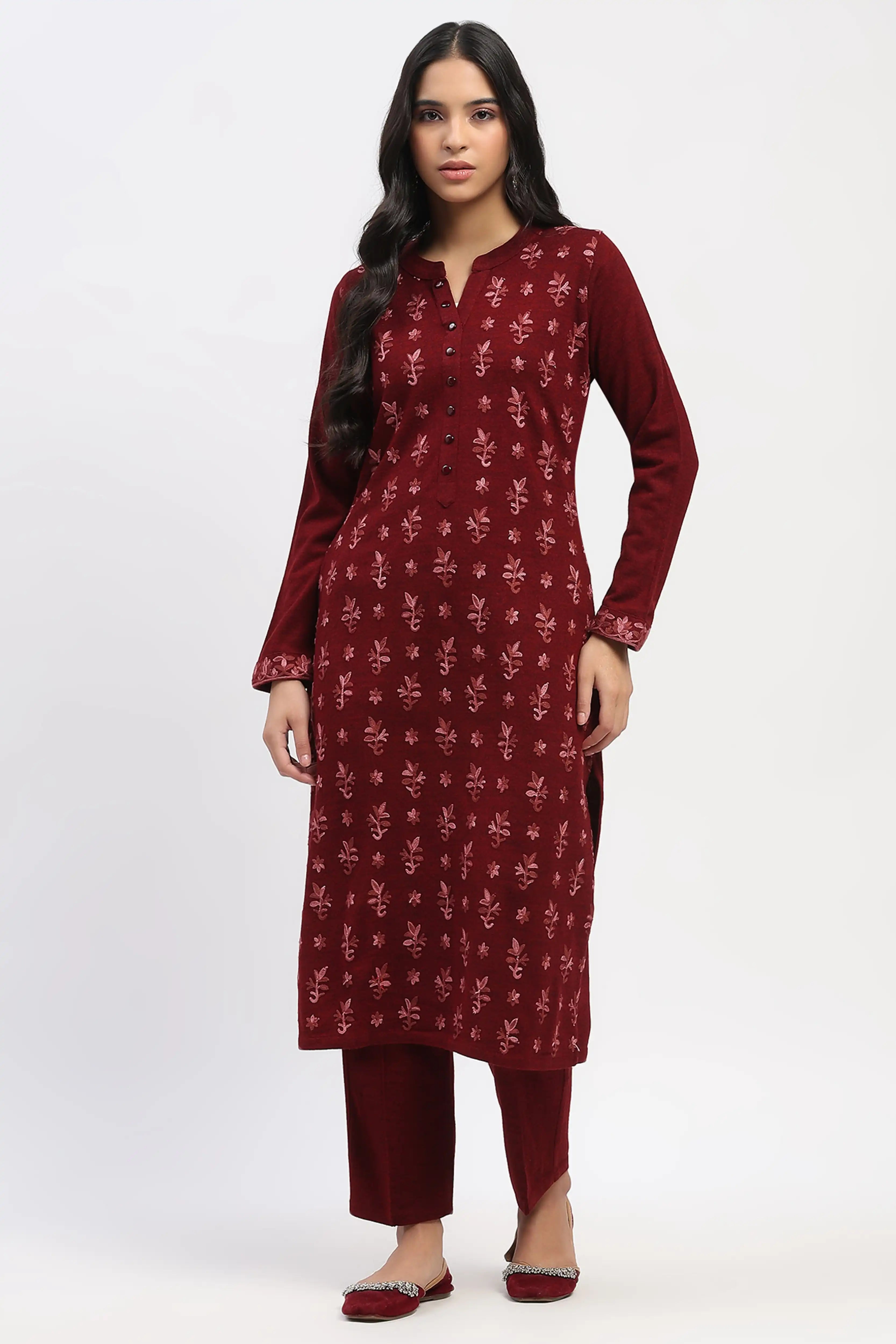 Dark Maroon Floral Embroidered Winter Kurta