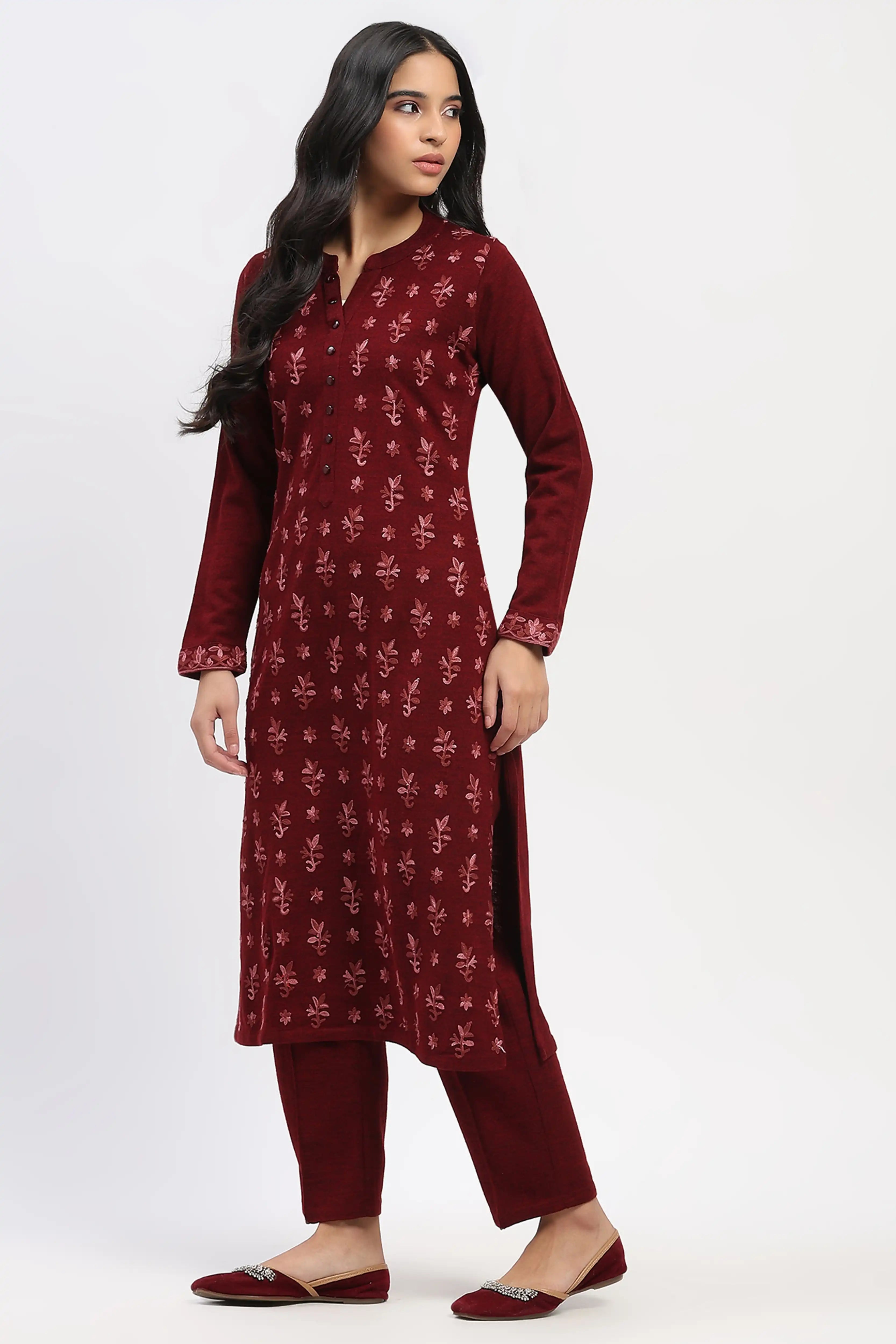 Dark Maroon Floral Embroidered Winter Kurta