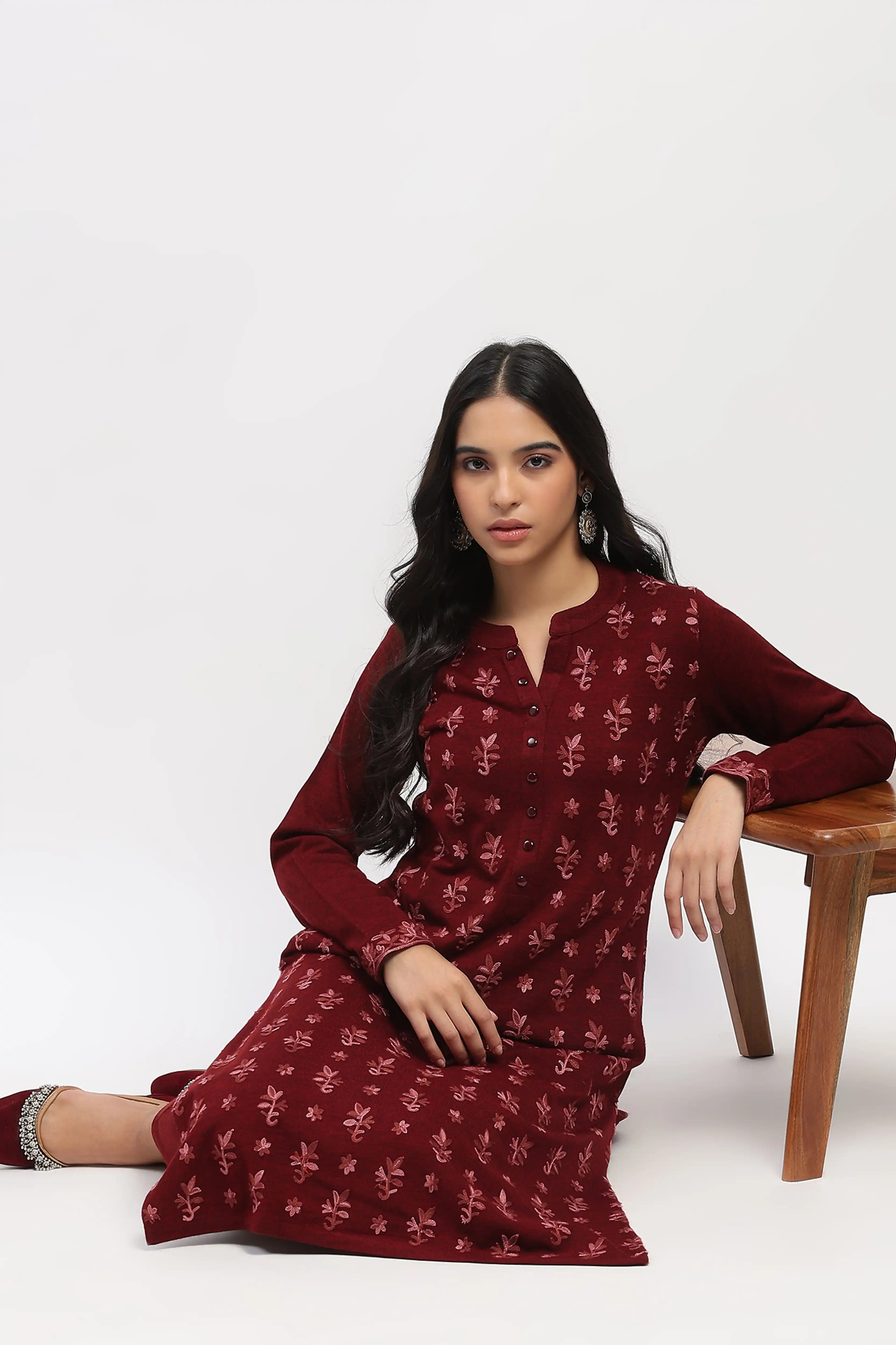 Dark Maroon Floral Embroidered Winter Kurta