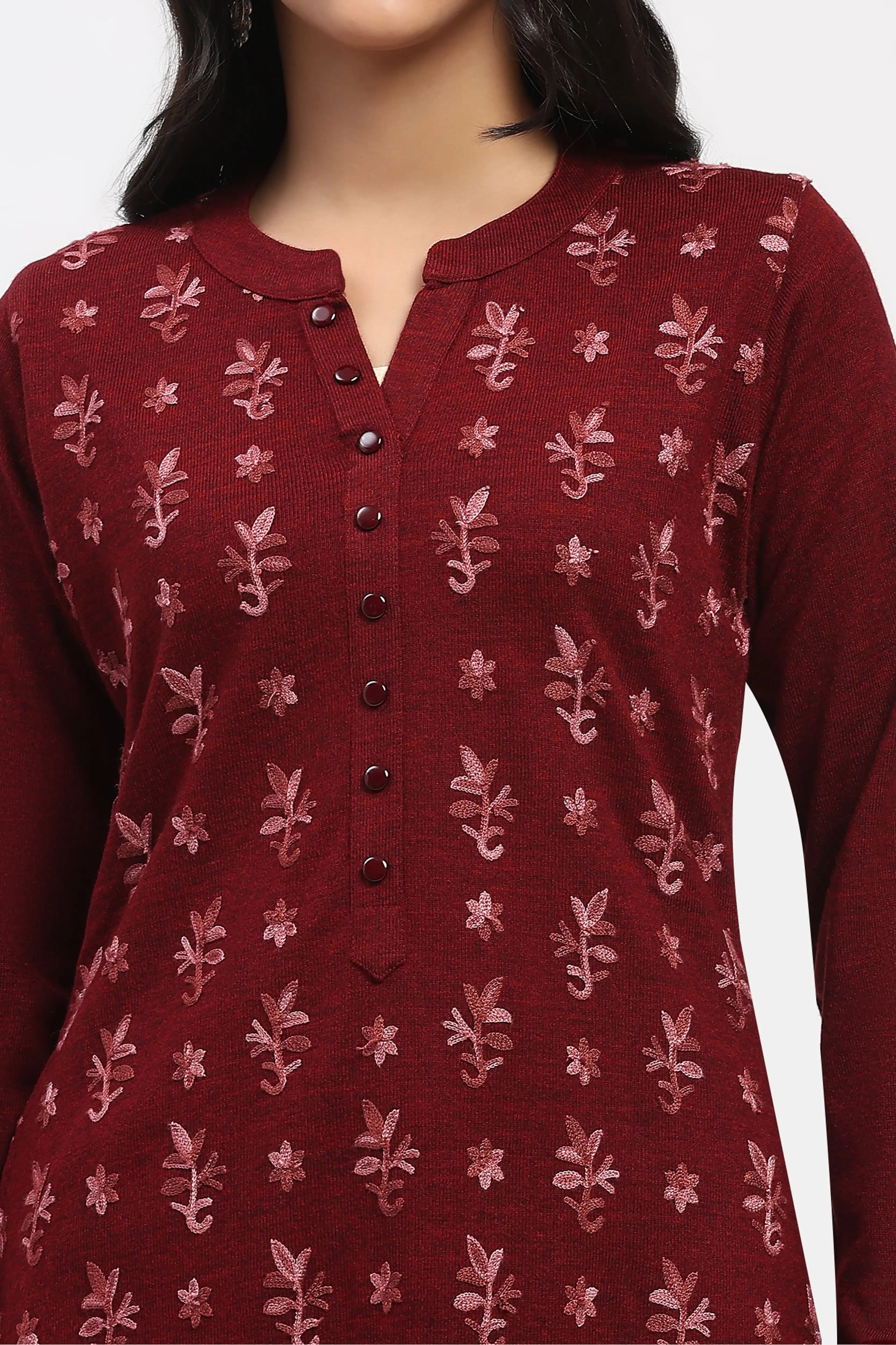 Dark Maroon Floral Embroidered Winter Kurta