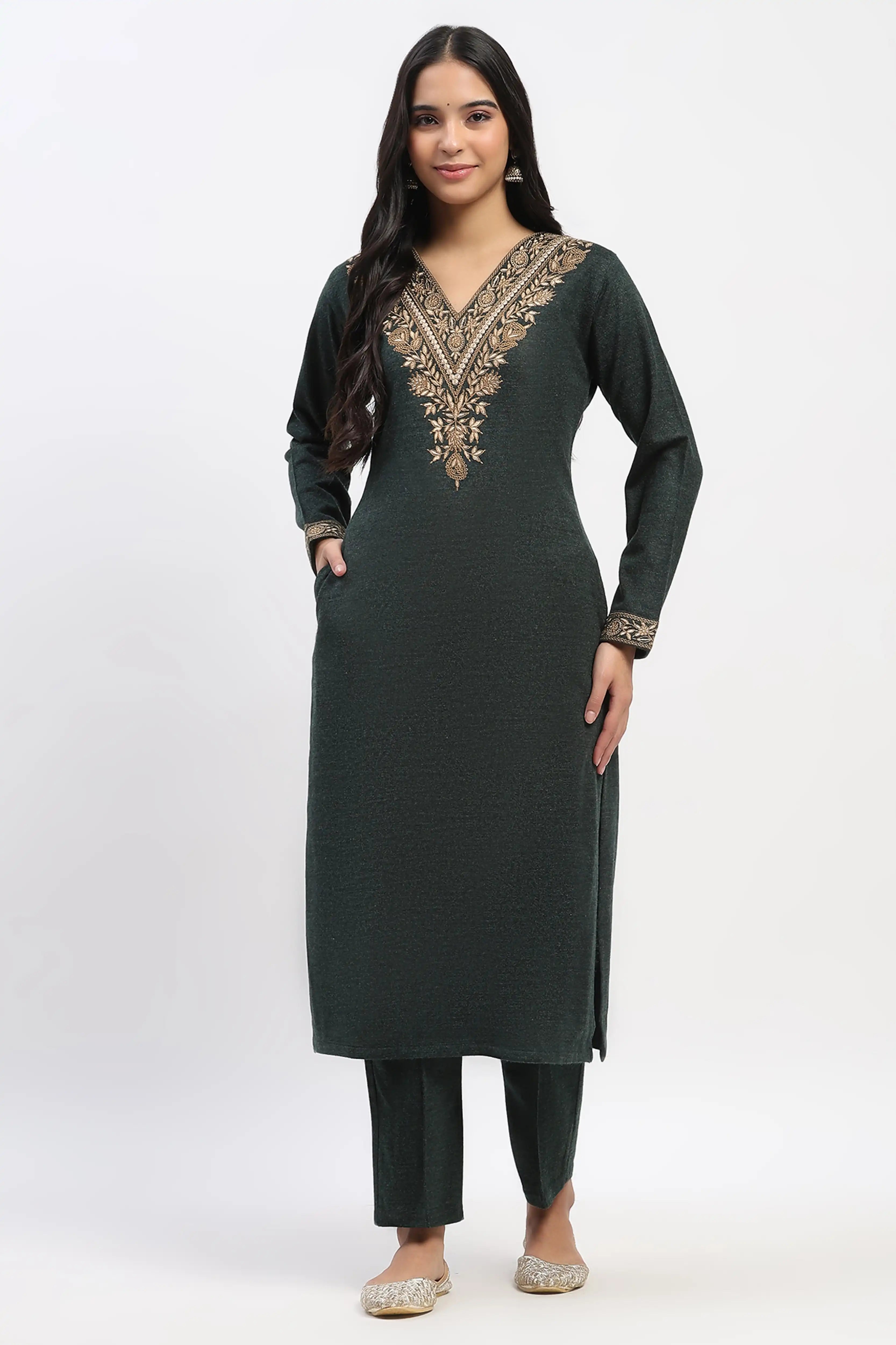 Olive Floral Embroidered Winter Kurta