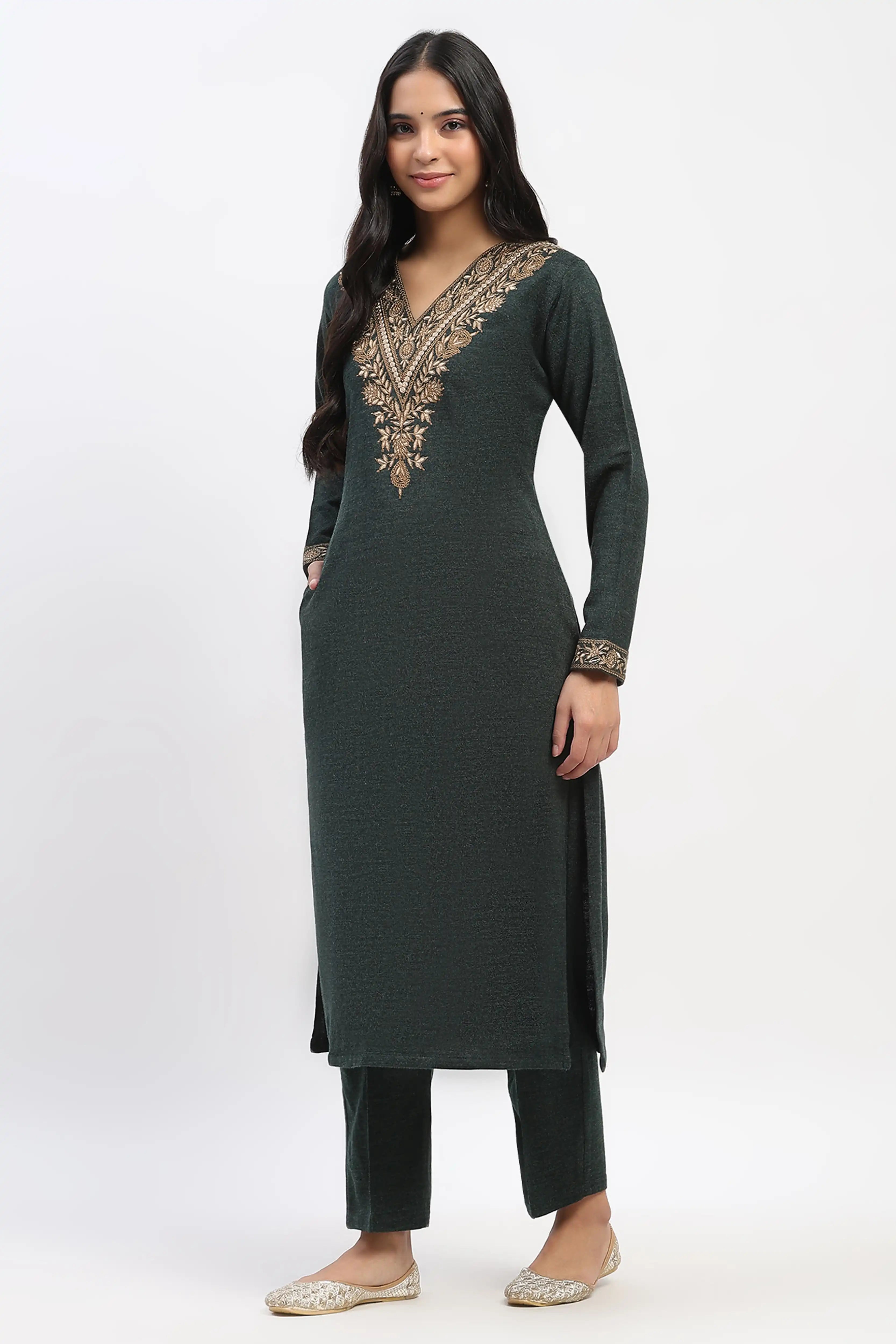 Olive Floral Embroidered Winter Kurta