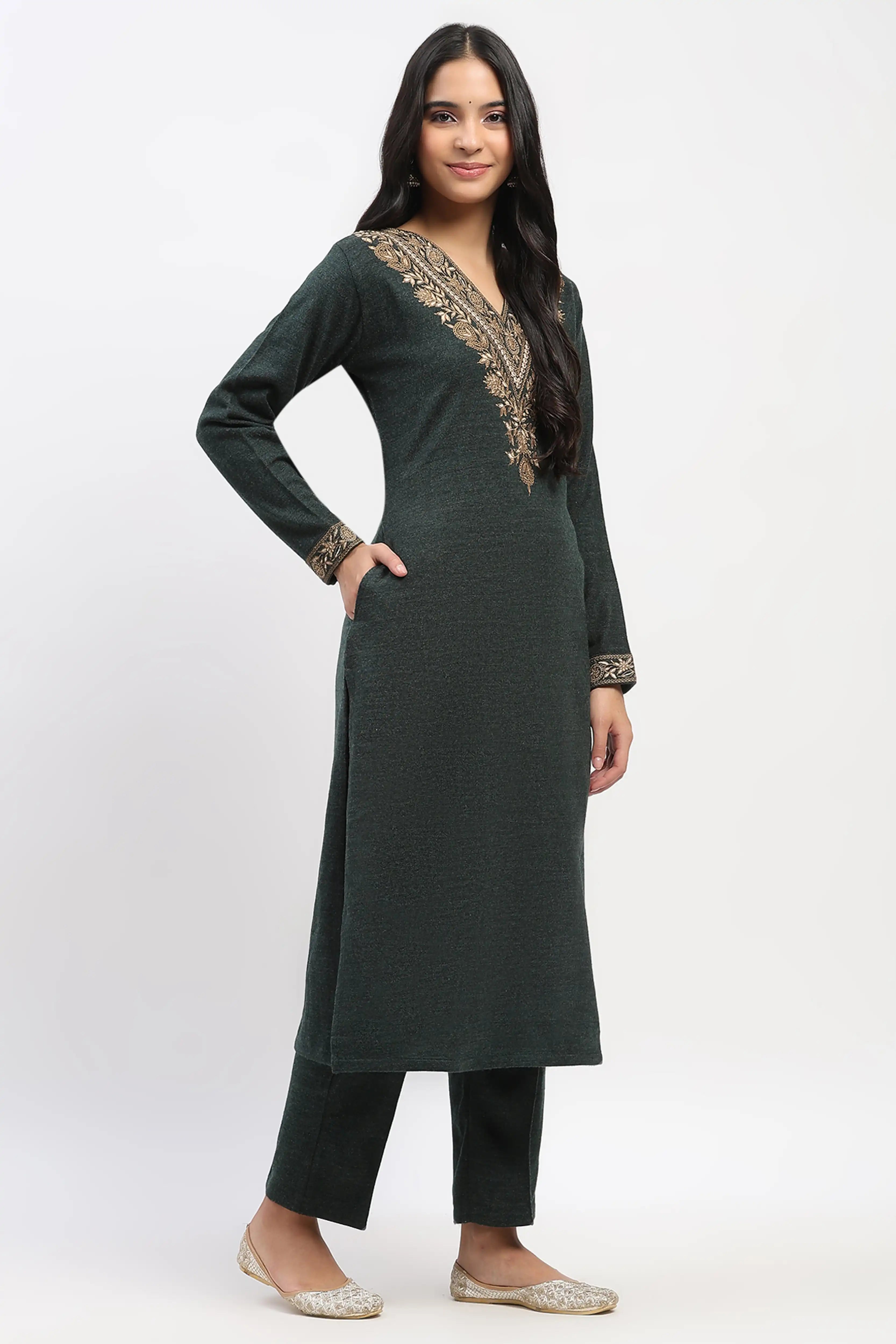 Olive Floral Embroidered Winter Kurta