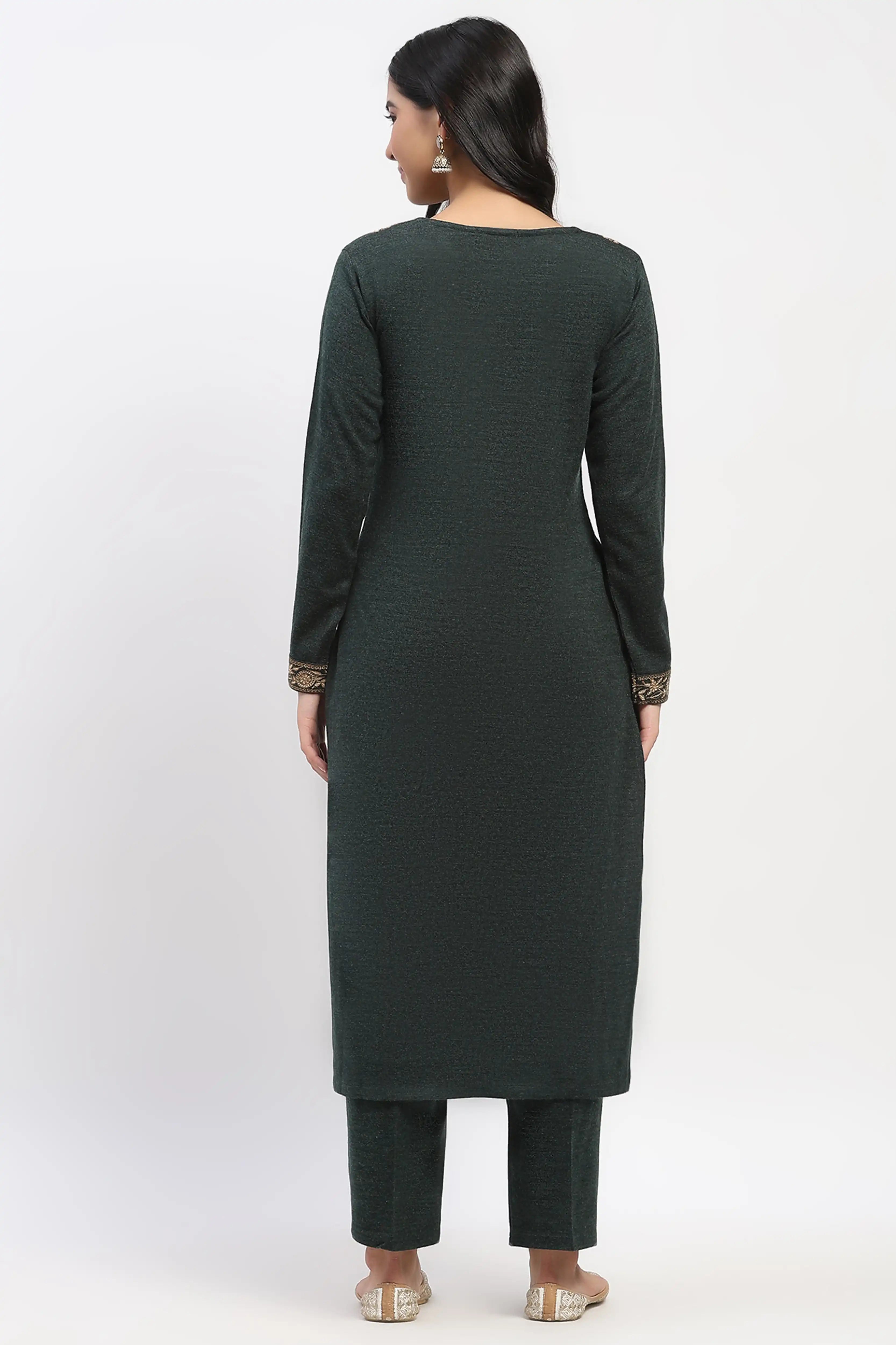 Olive Floral Embroidered Winter Kurta