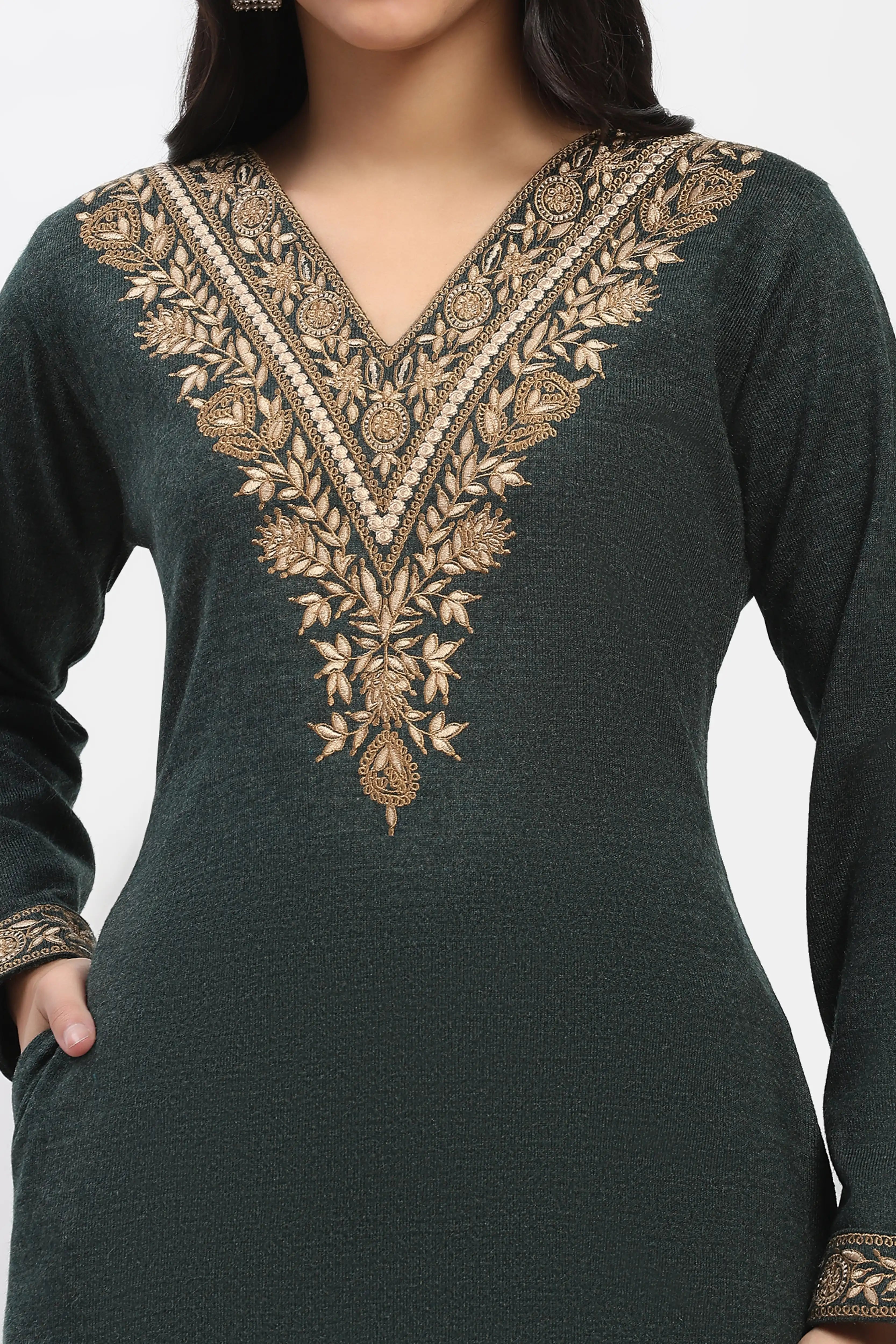 Olive Floral Embroidered Winter Kurta