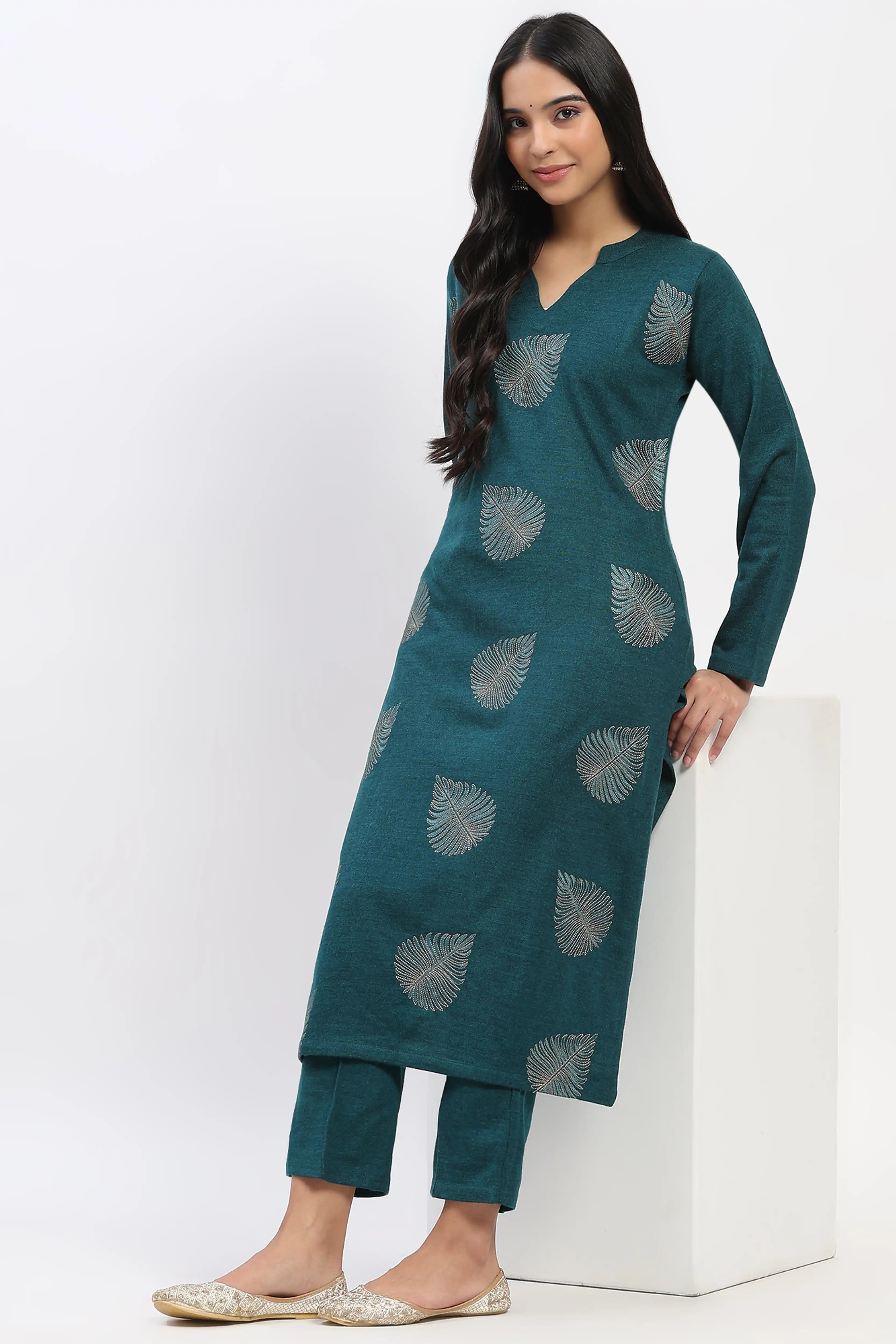 Sea Green Embroidered Winter Kurta