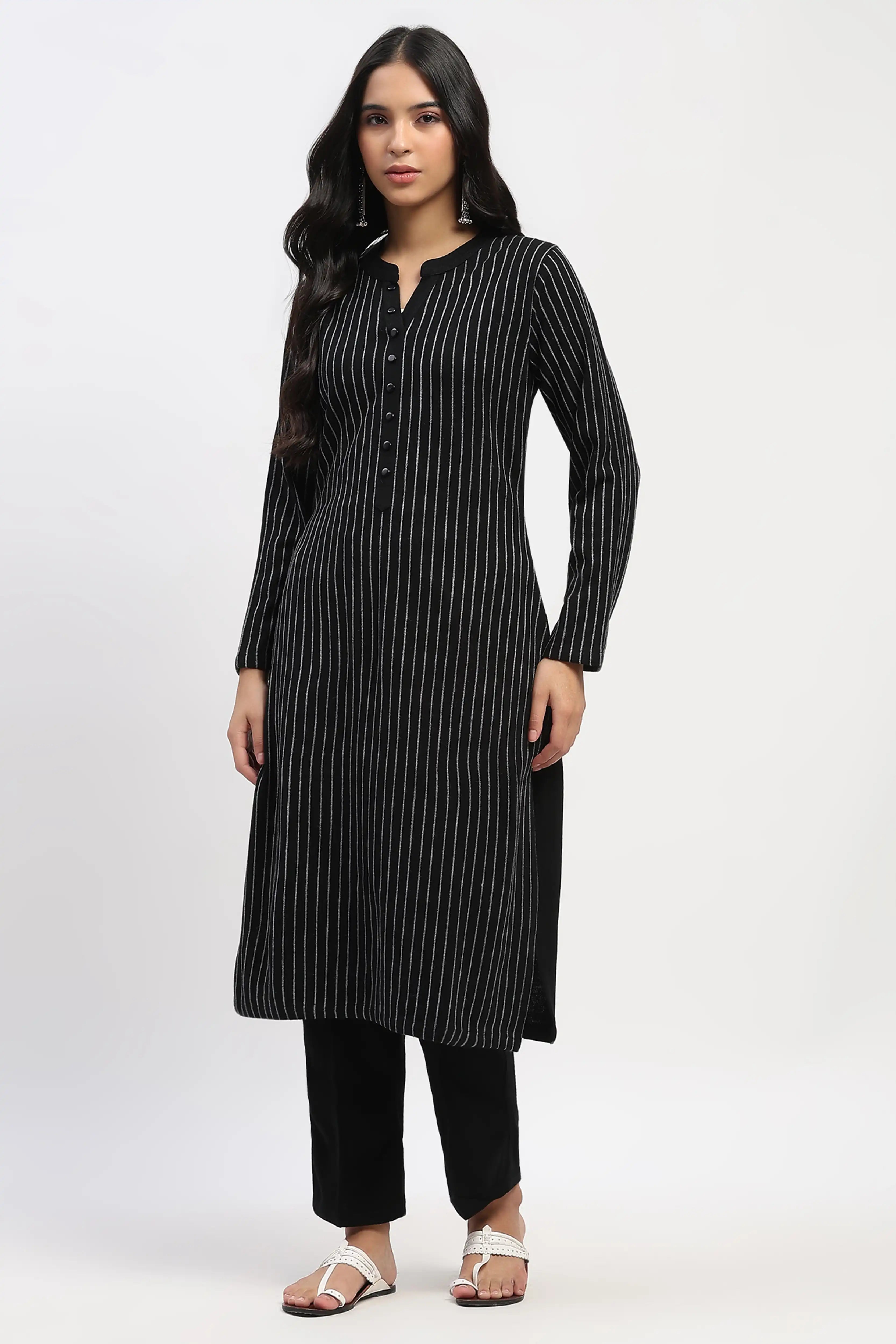 Black Striped Winter Kurta - Global Republic