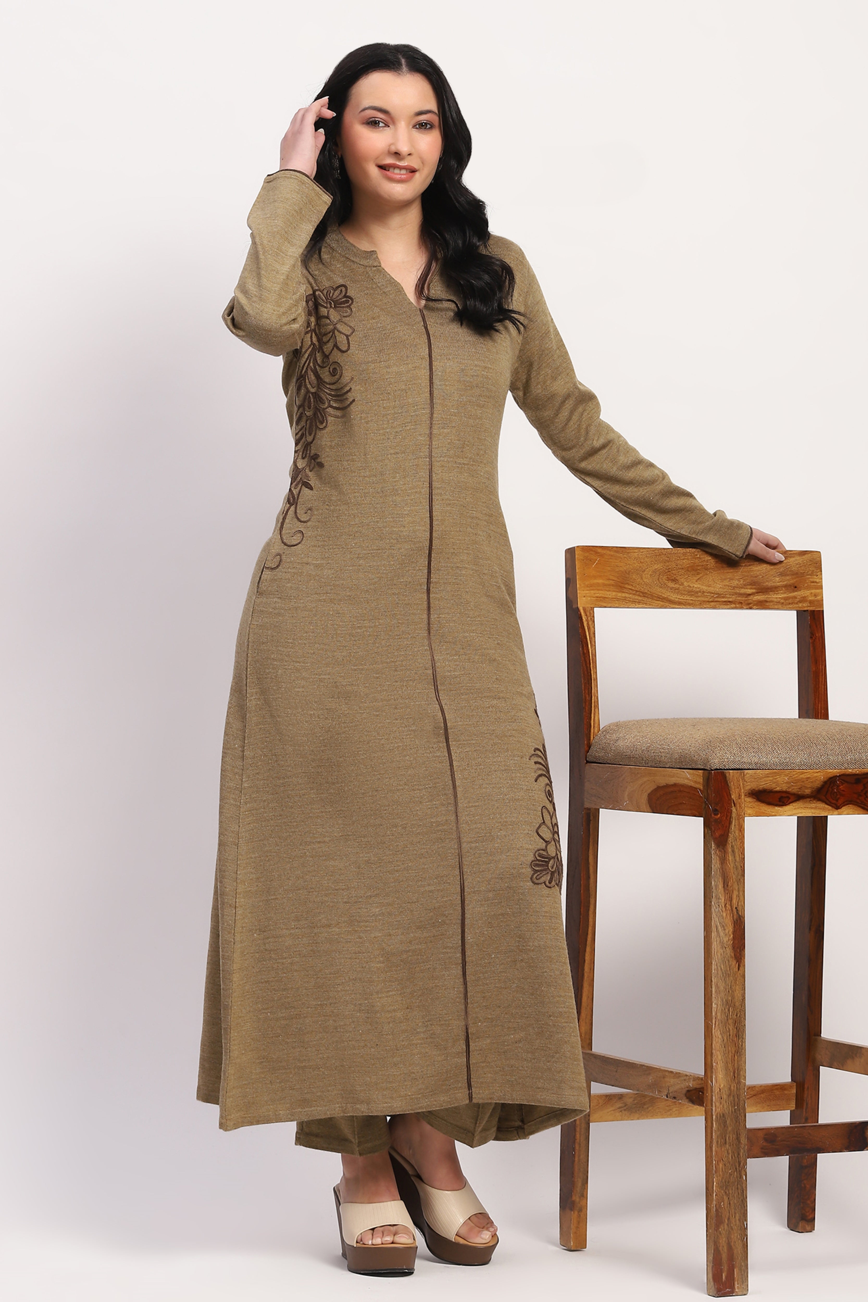 Brown Embroidered Winter Kurta