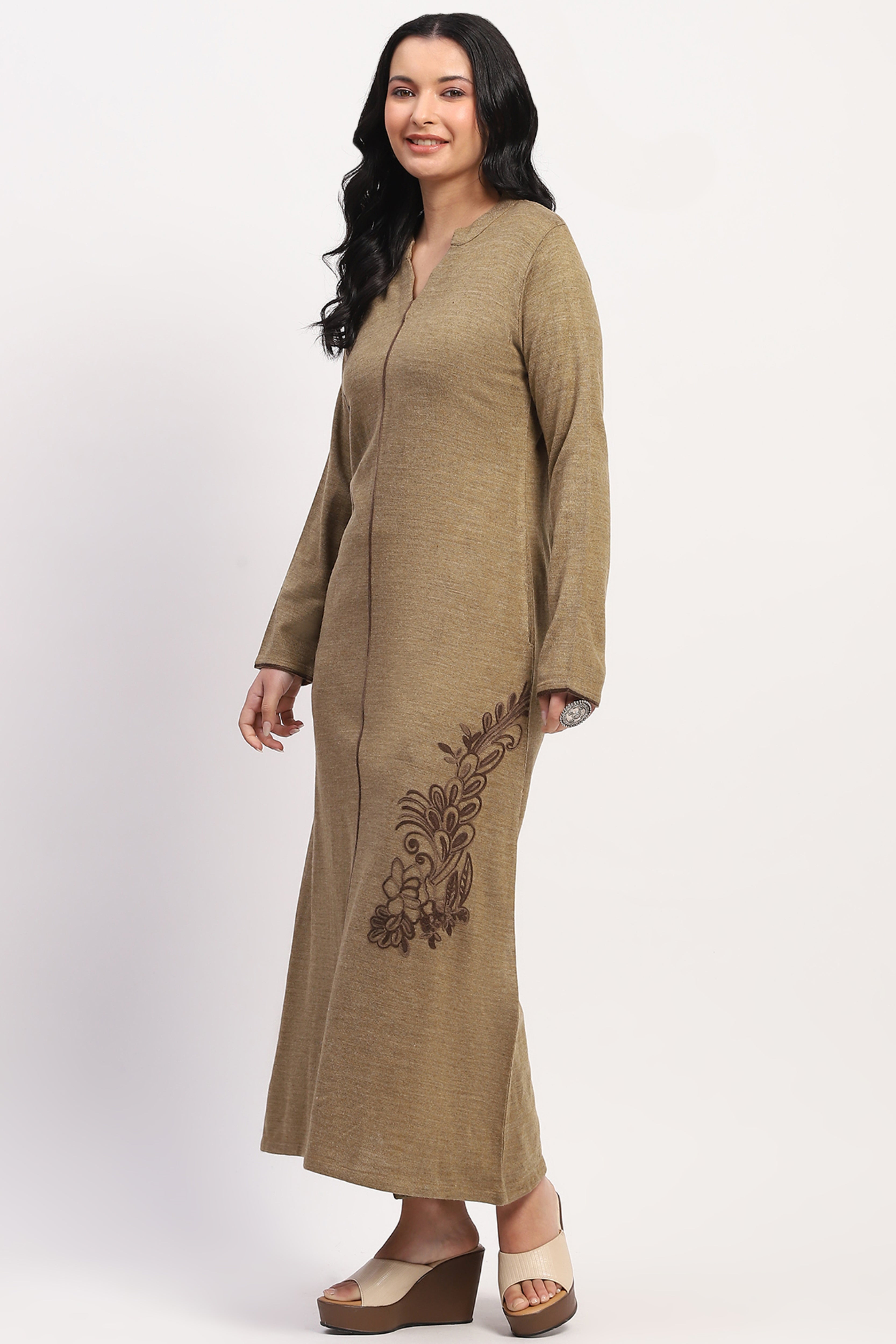 Brown Embroidered Winter Kurta