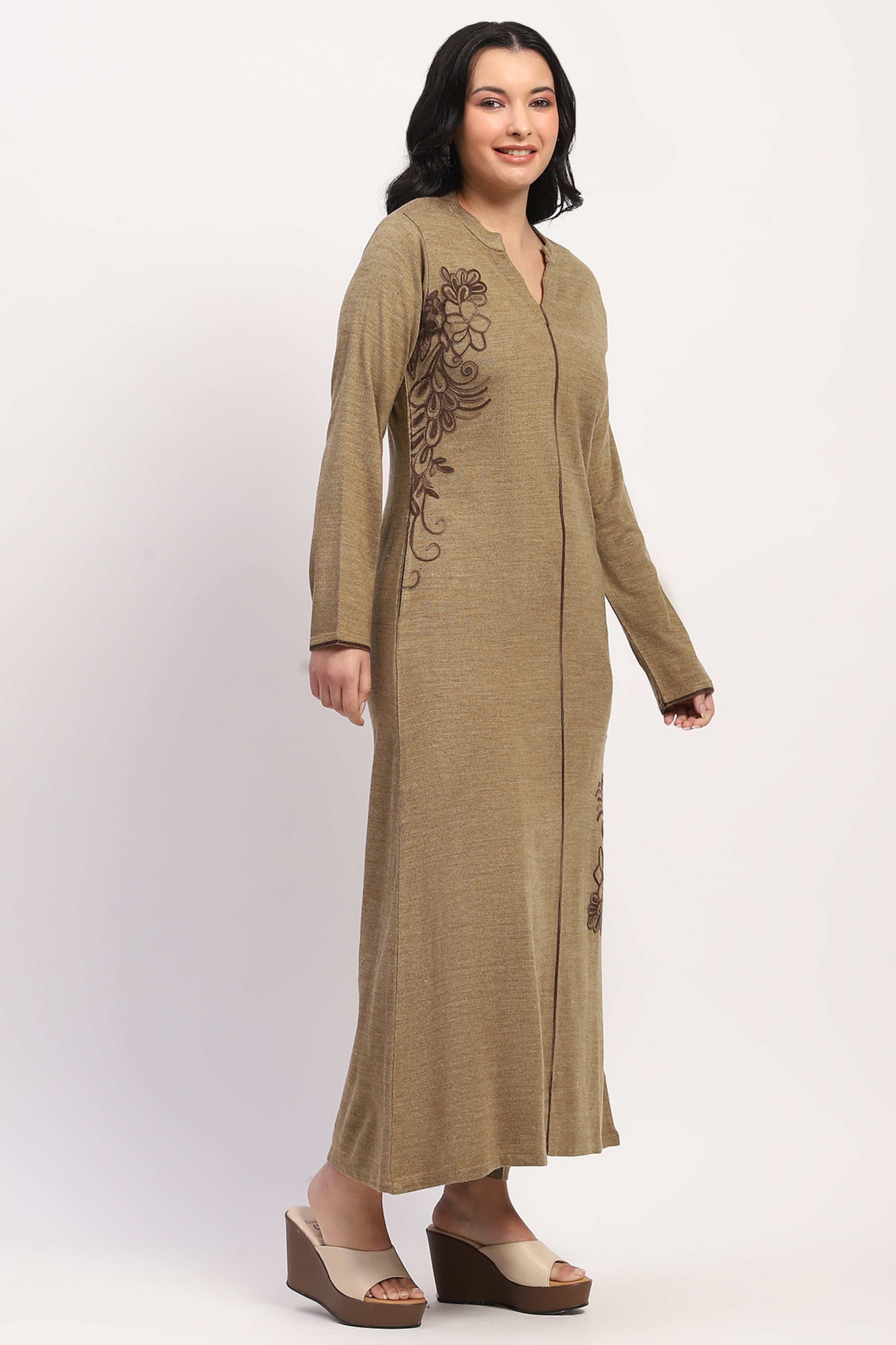 Brown Embroidered Winter Kurta