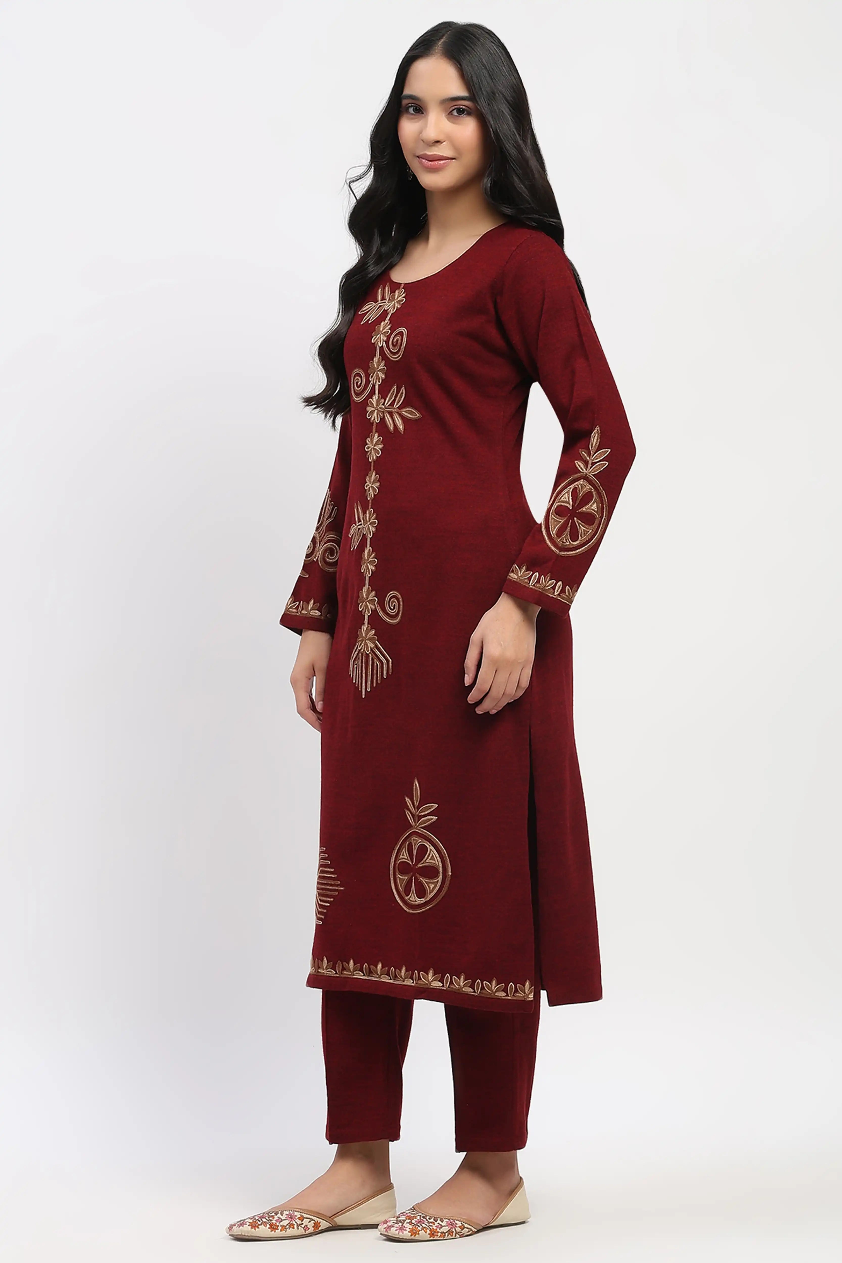 Dark Maroon Embroidered Winter Kurta