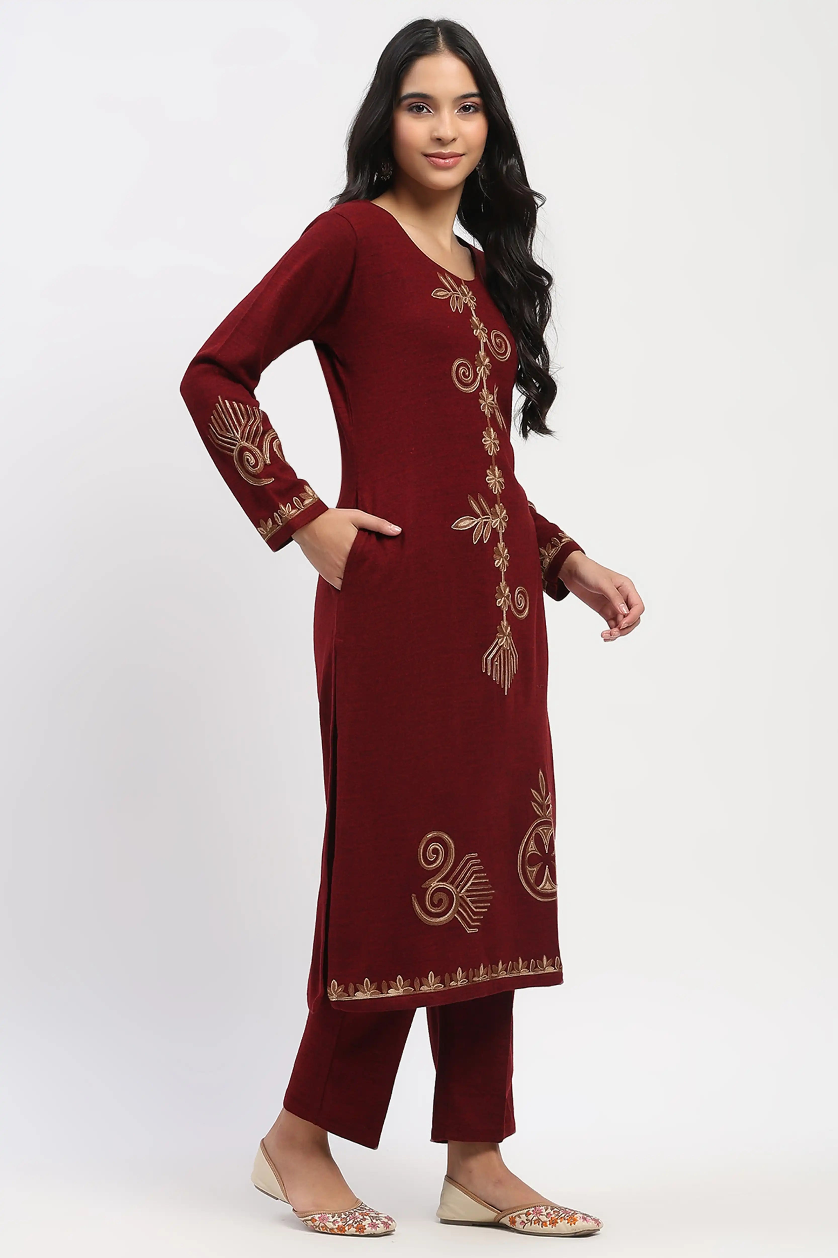 Dark Maroon Embroidered Winter Kurta