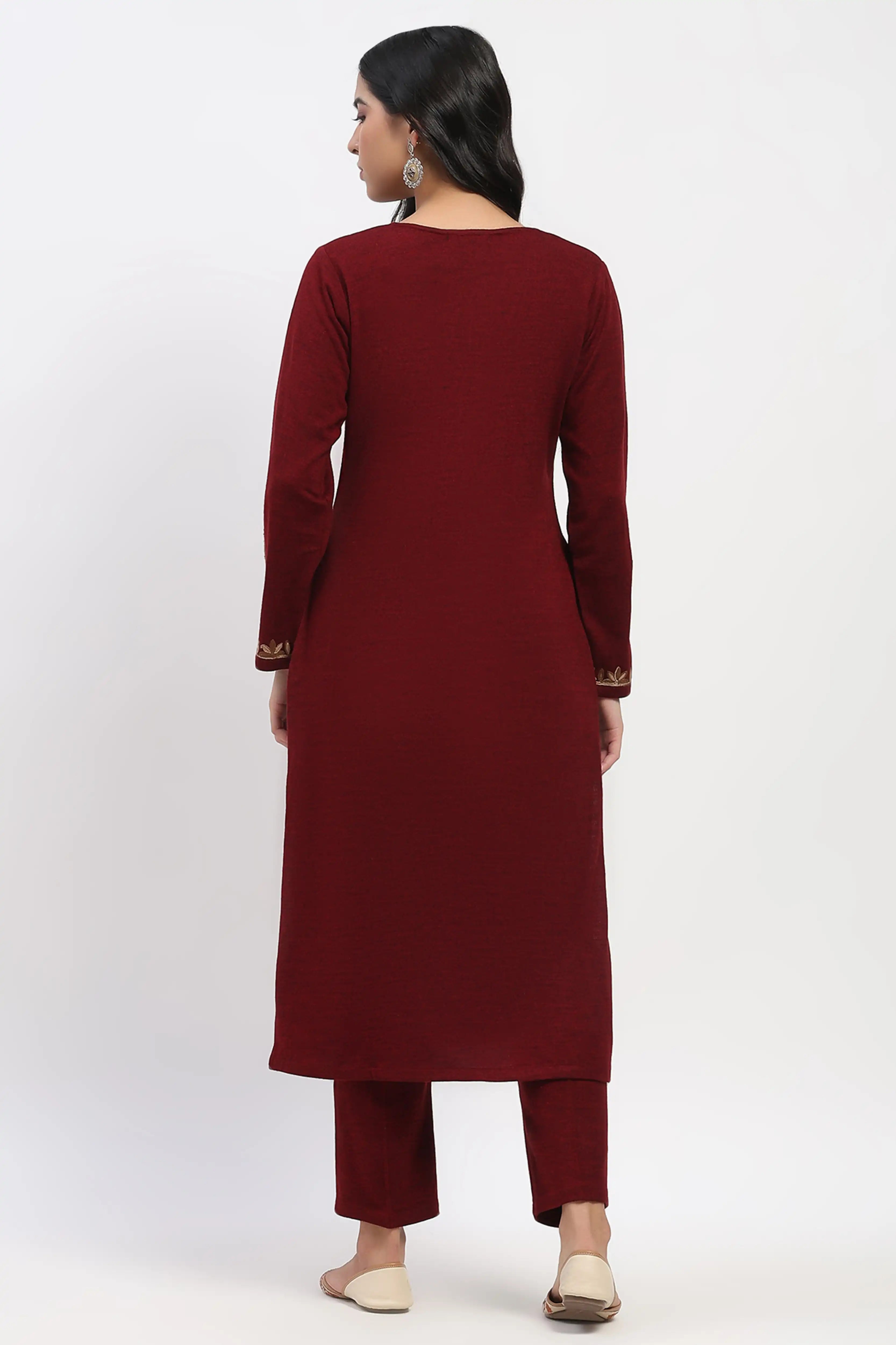 Dark Maroon Embroidered Winter Kurta