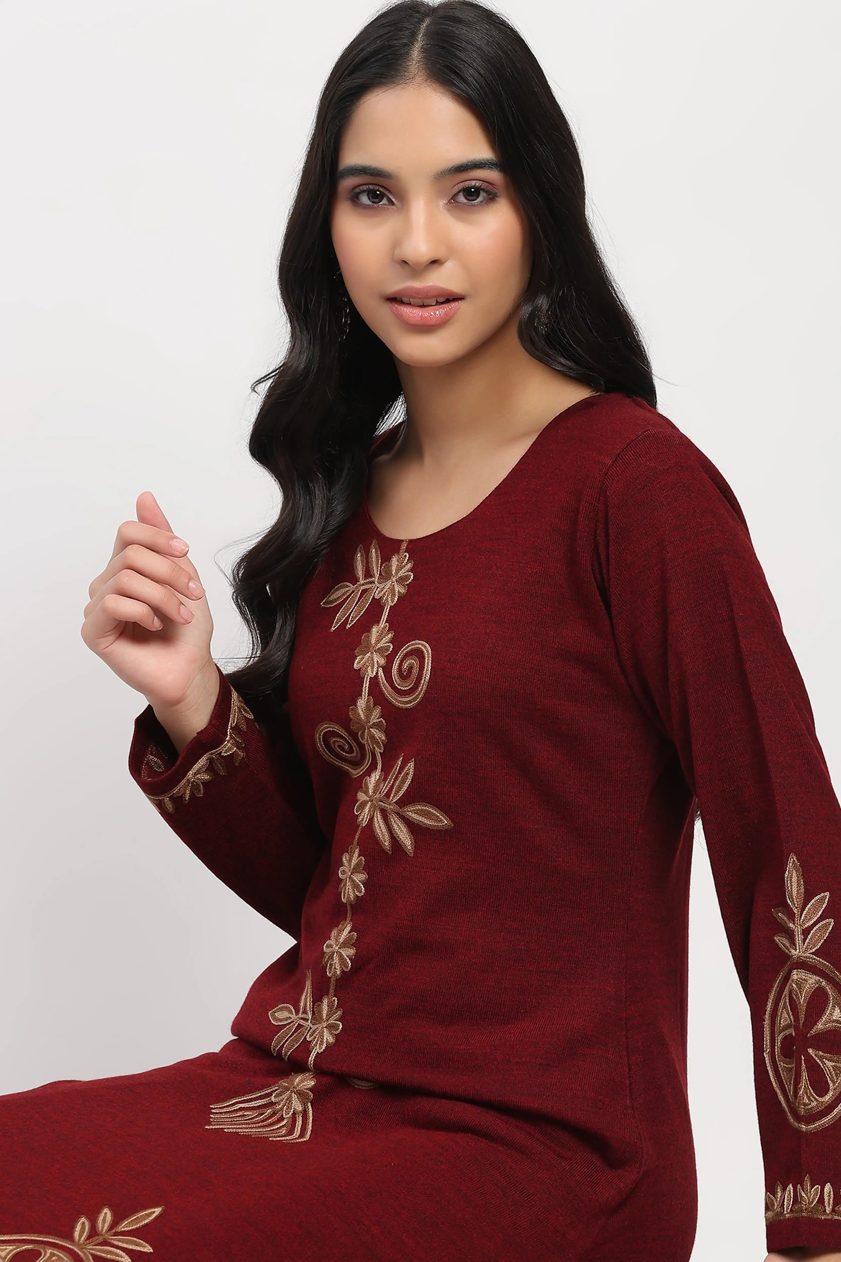 Dark Maroon Embroidered Winter Kurta