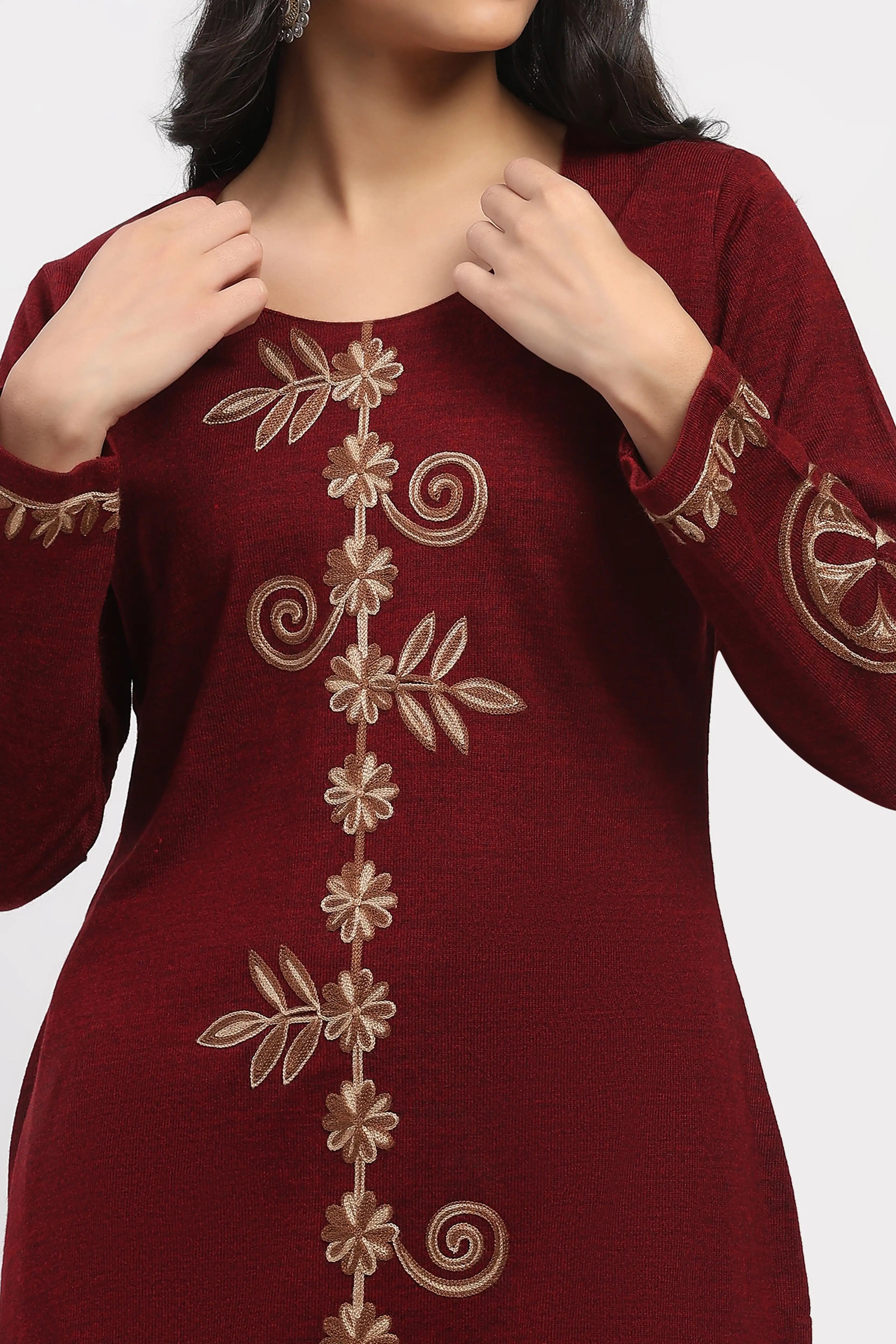 Dark Maroon Embroidered Winter Kurta