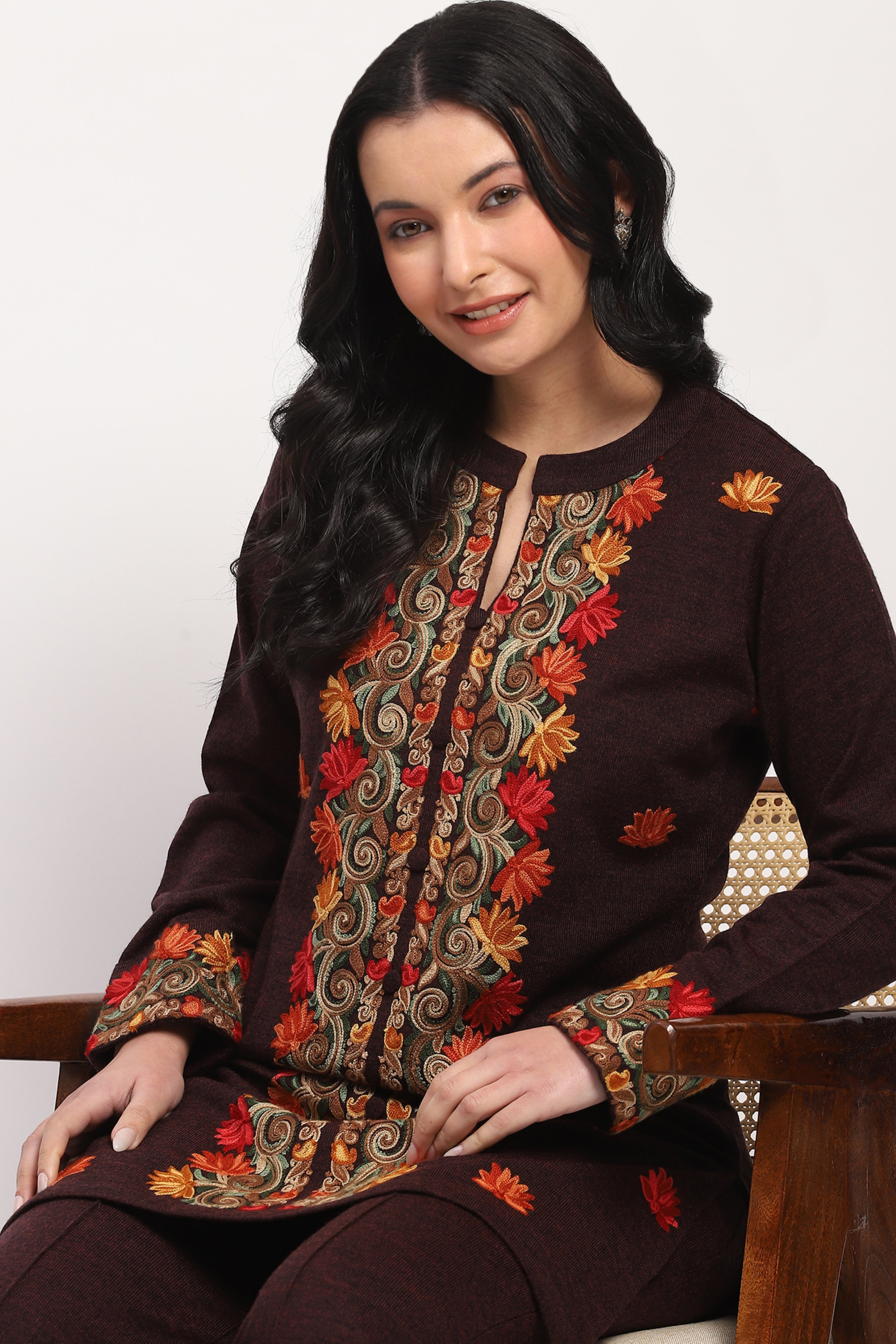 Wine Multicolor Embroidered Ethnic Set