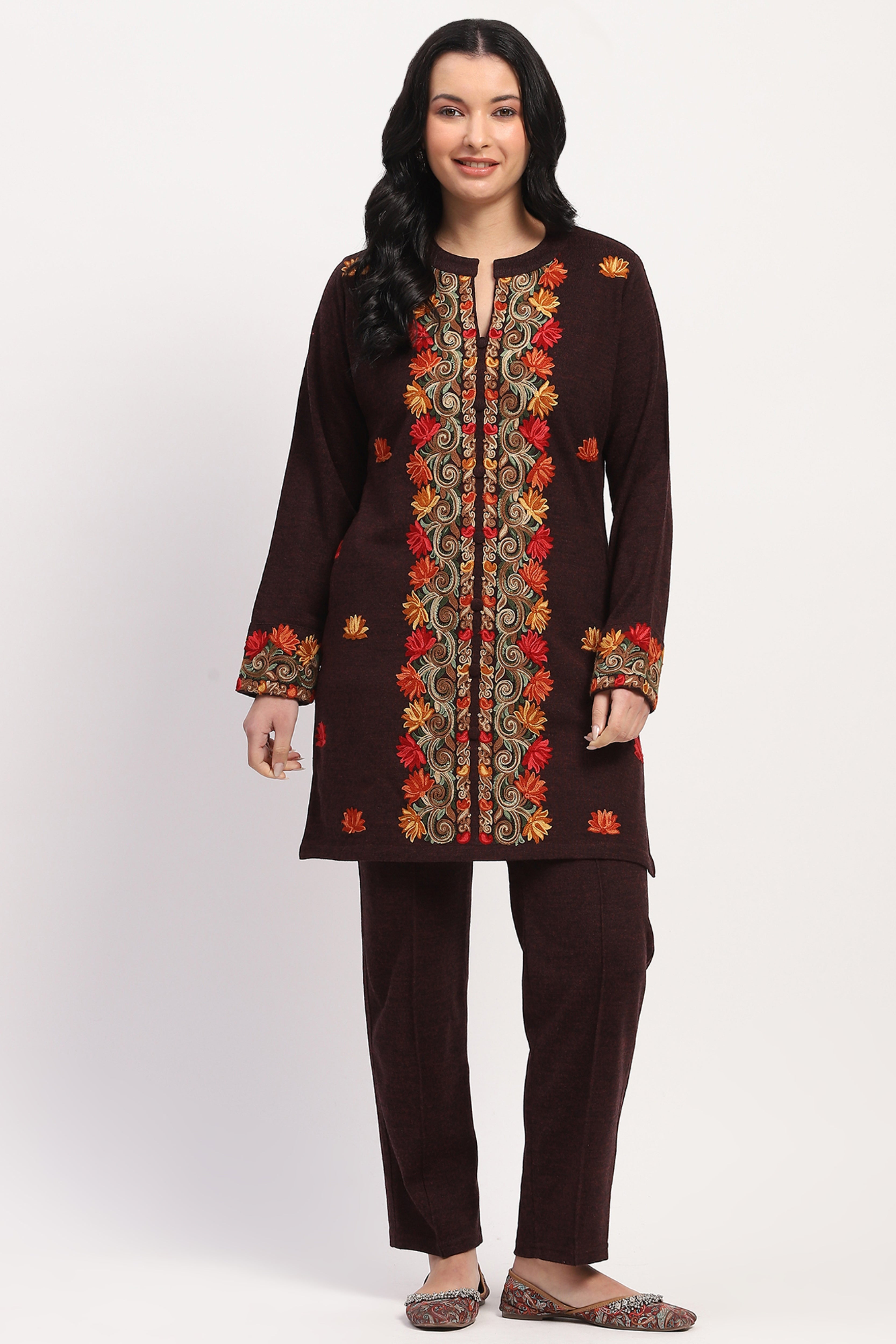 Wine Multicolor Embroidered Ethnic Set