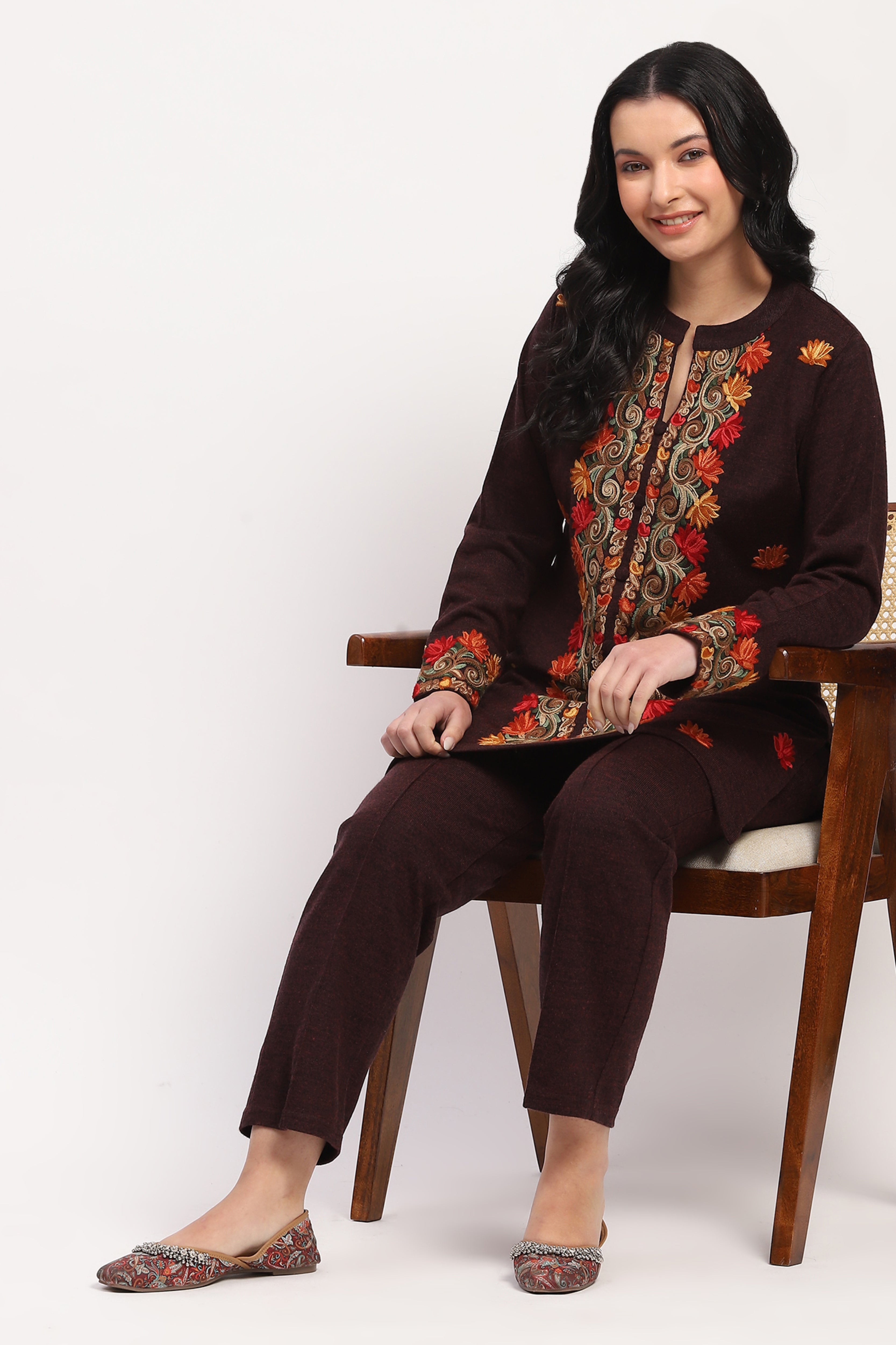 Wine Multicolor Embroidered Ethnic Set