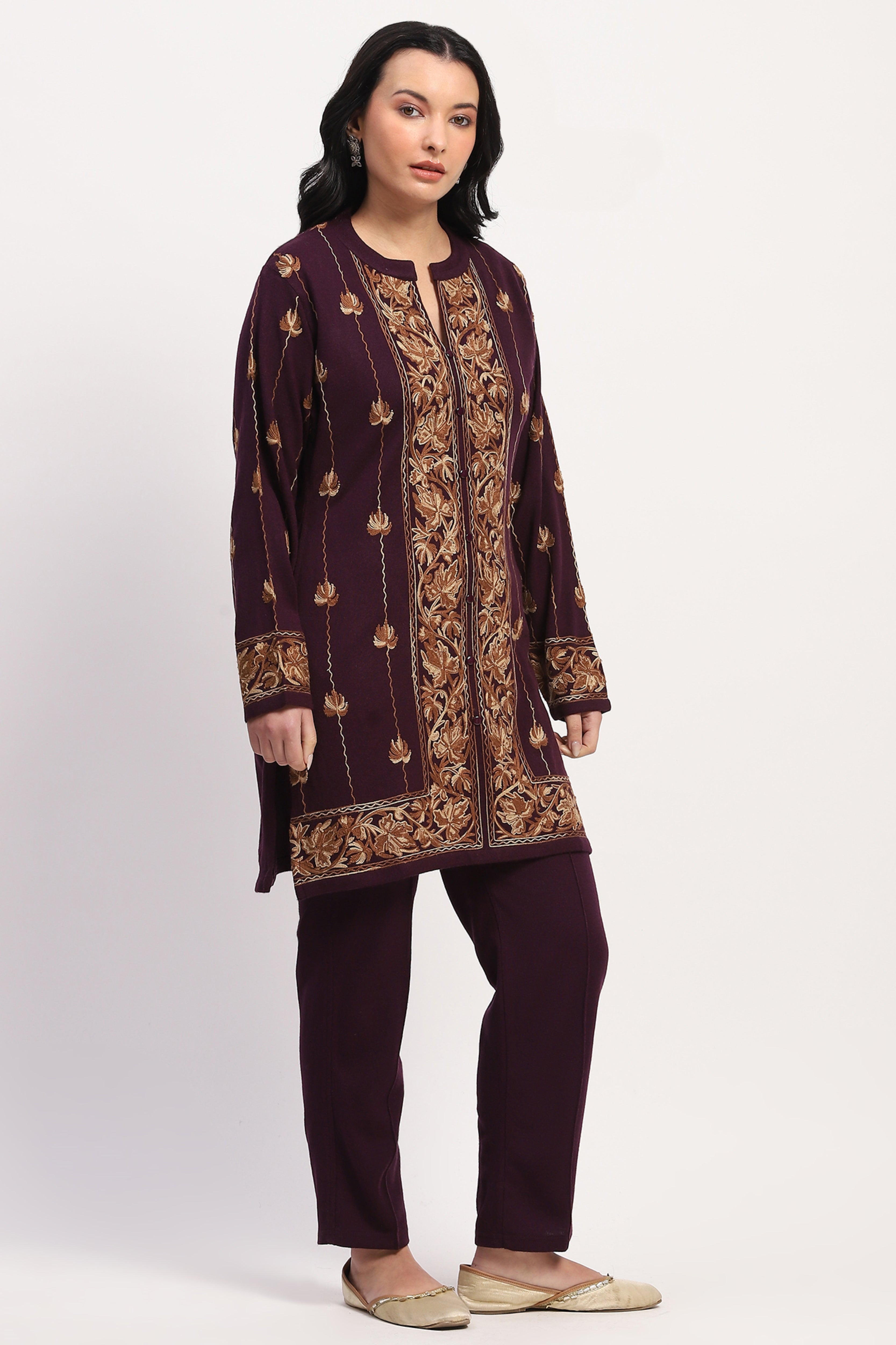 Purple Embroidered Winter Kurta Pant Set