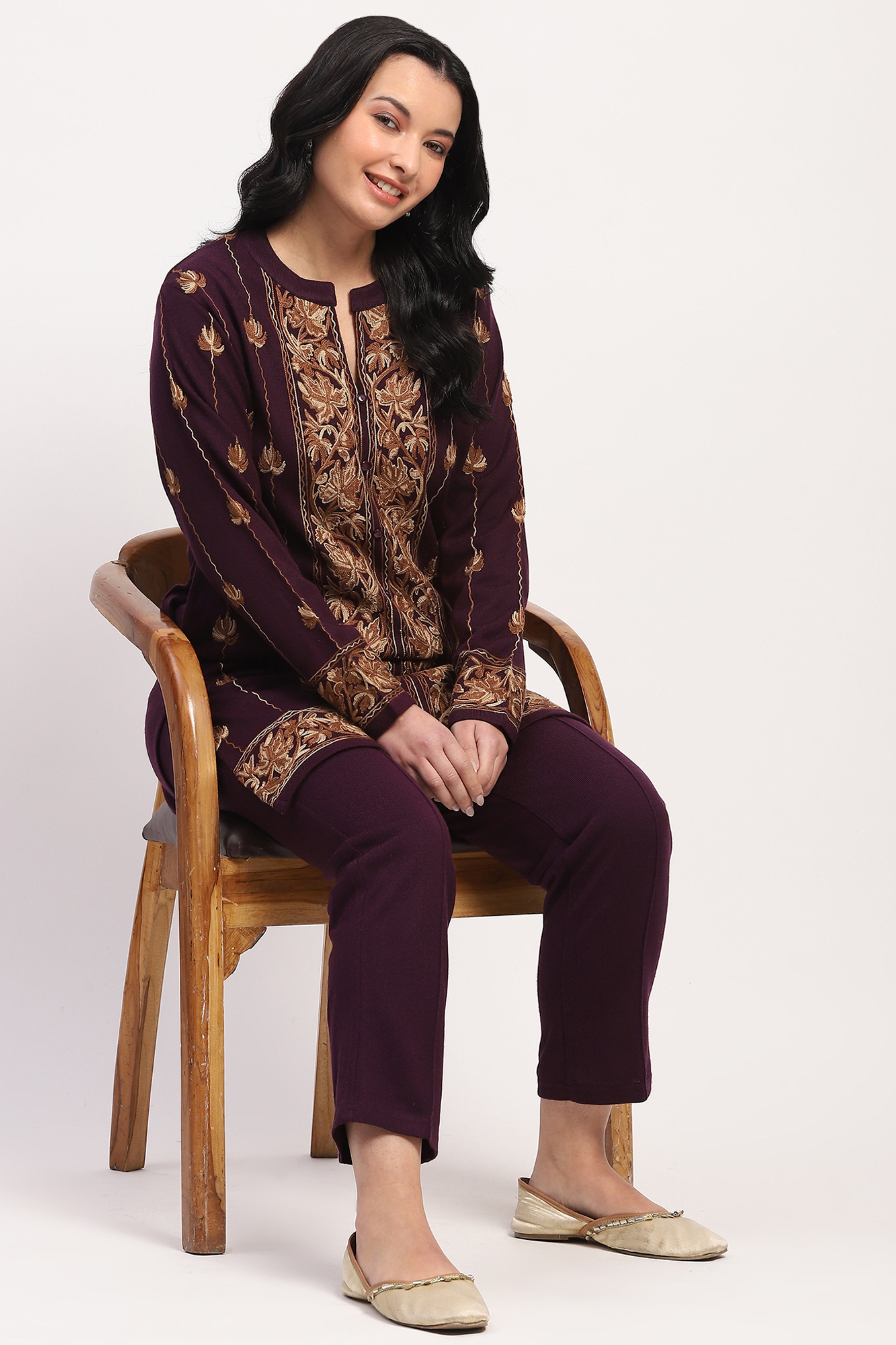 Purple Embroidered Winter Kurta Pant Set