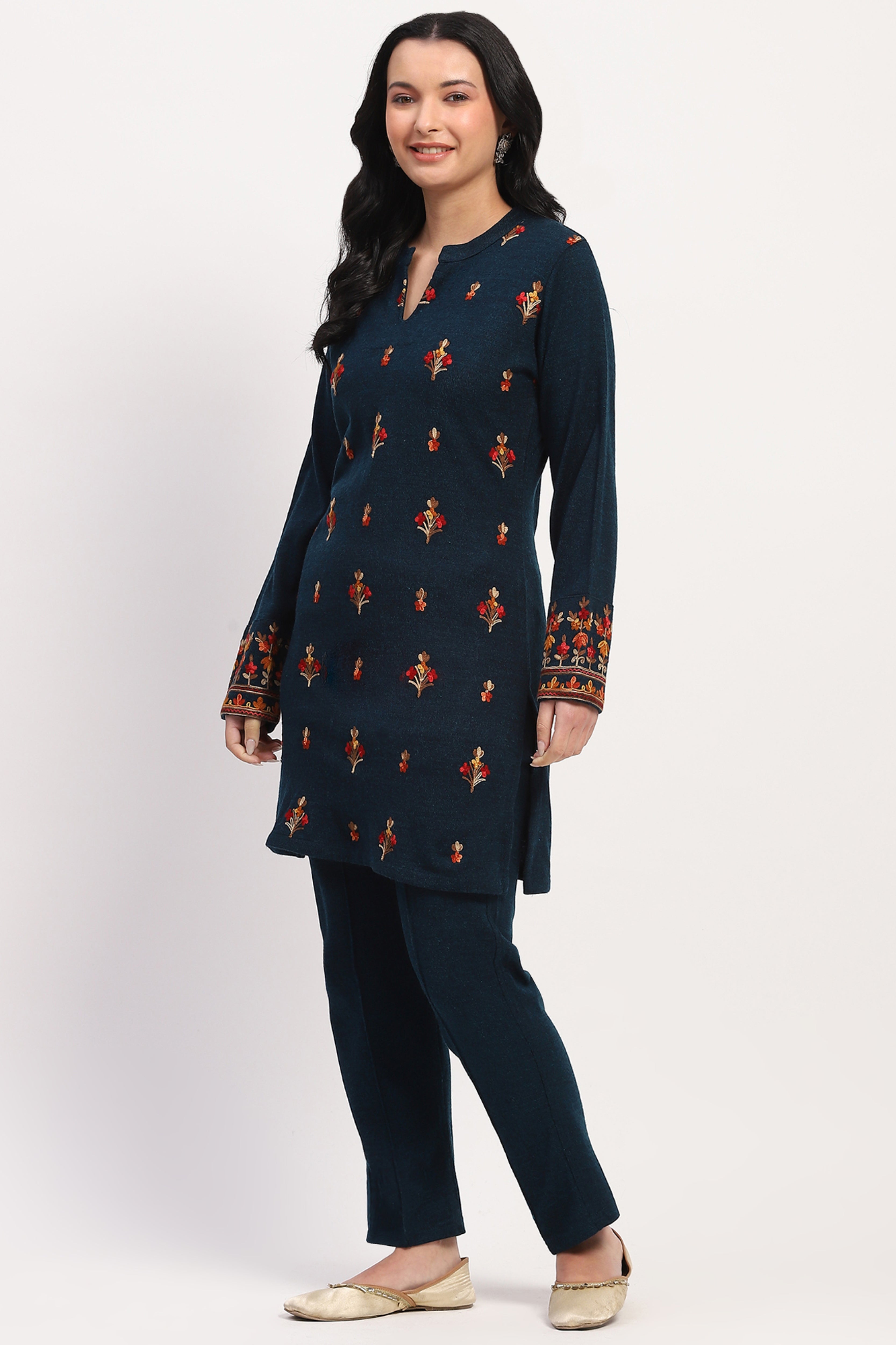 Teal Embroidered Winter Ethnic Set