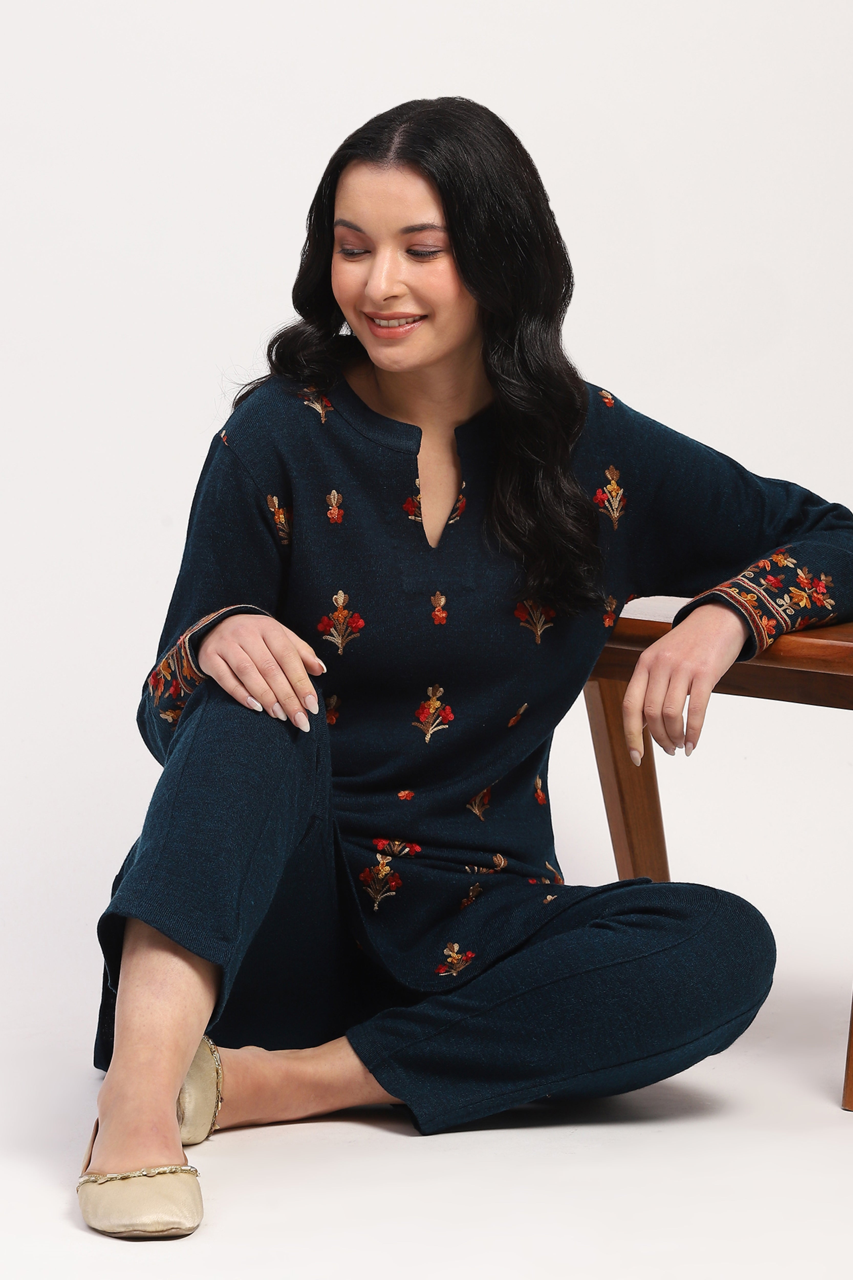 Teal Embroidered Winter Ethnic Set