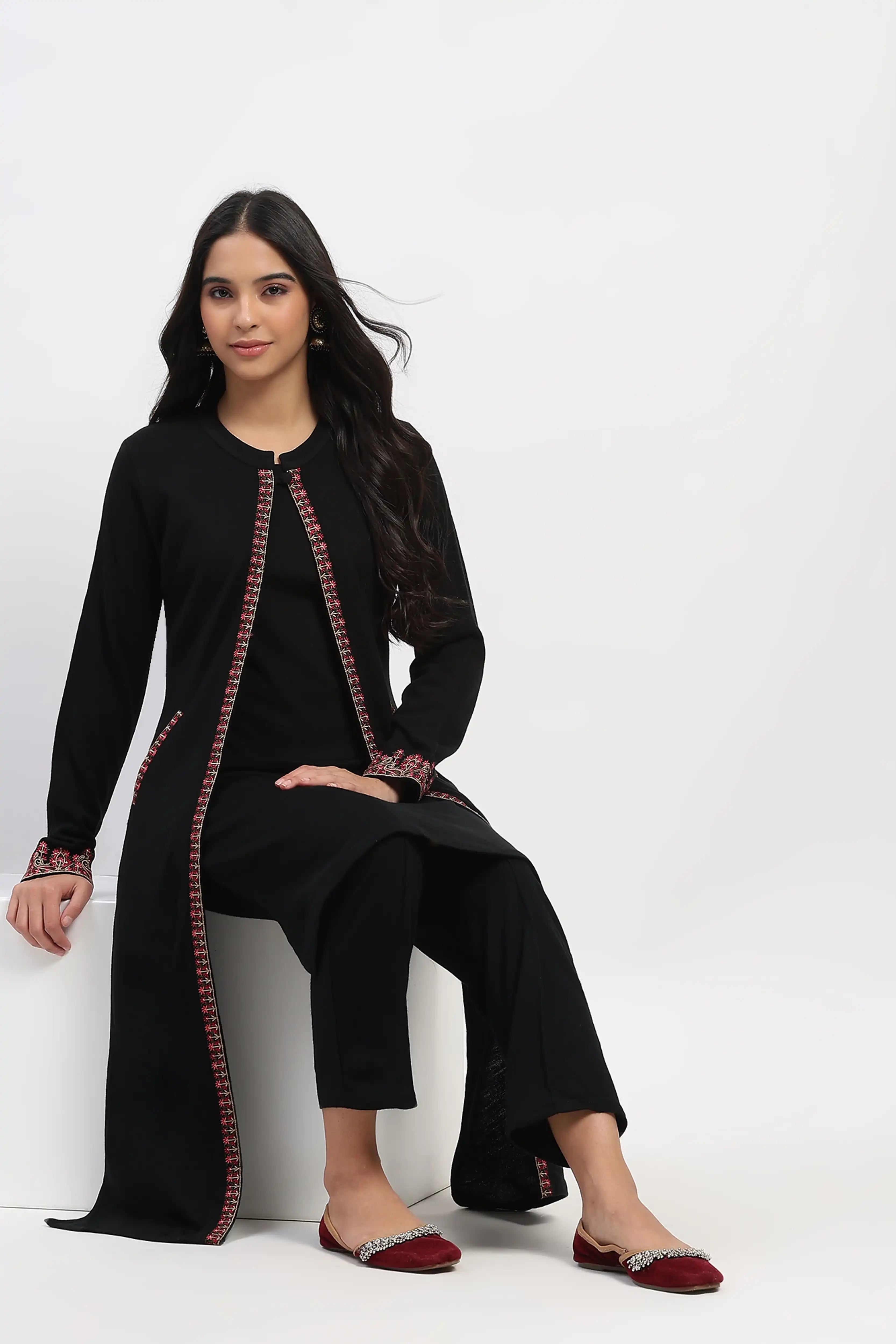 Black Embroidered Three-Piece Winter Set
