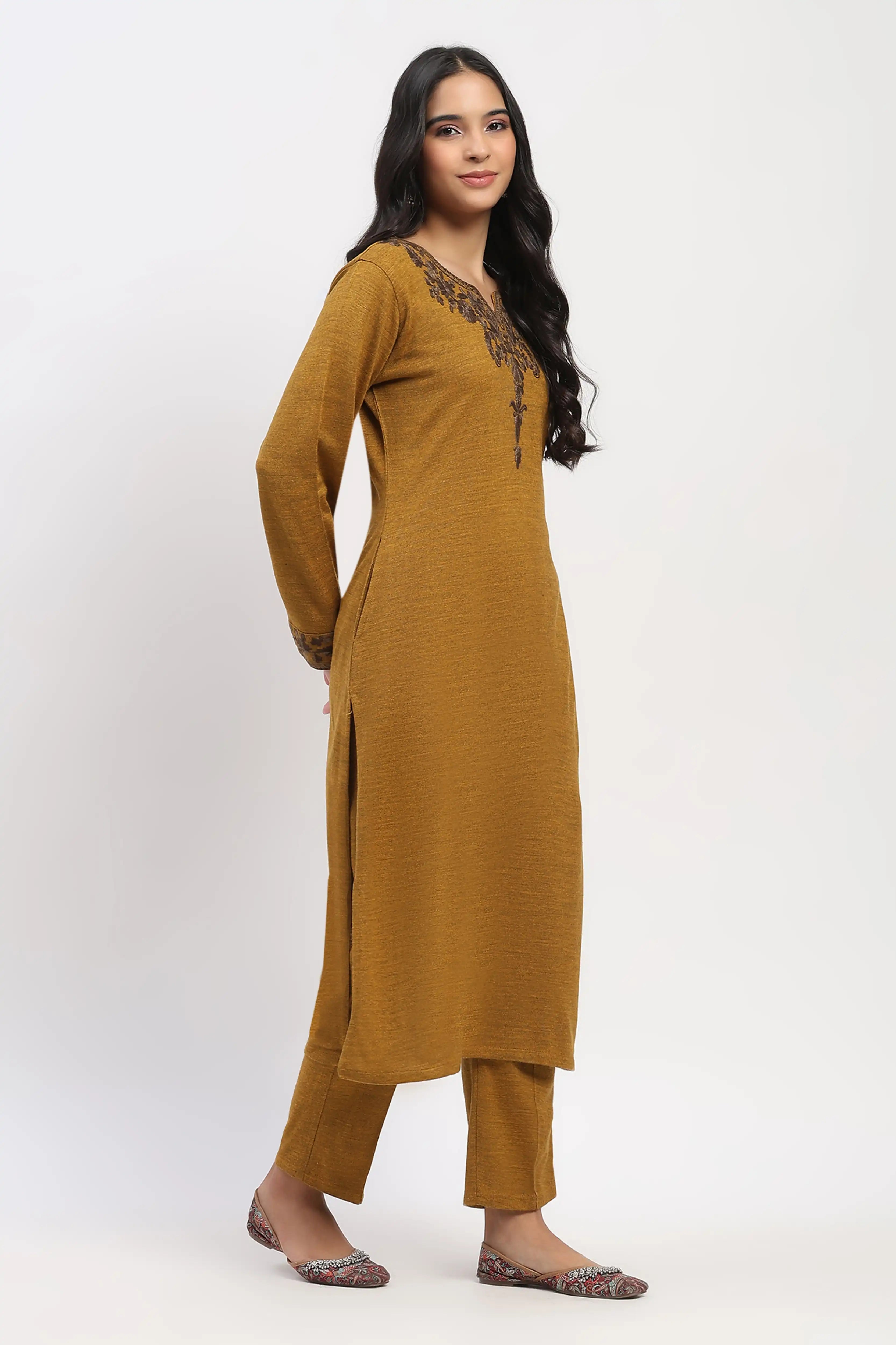 Mustard Floral Embroidered Winter Kurta