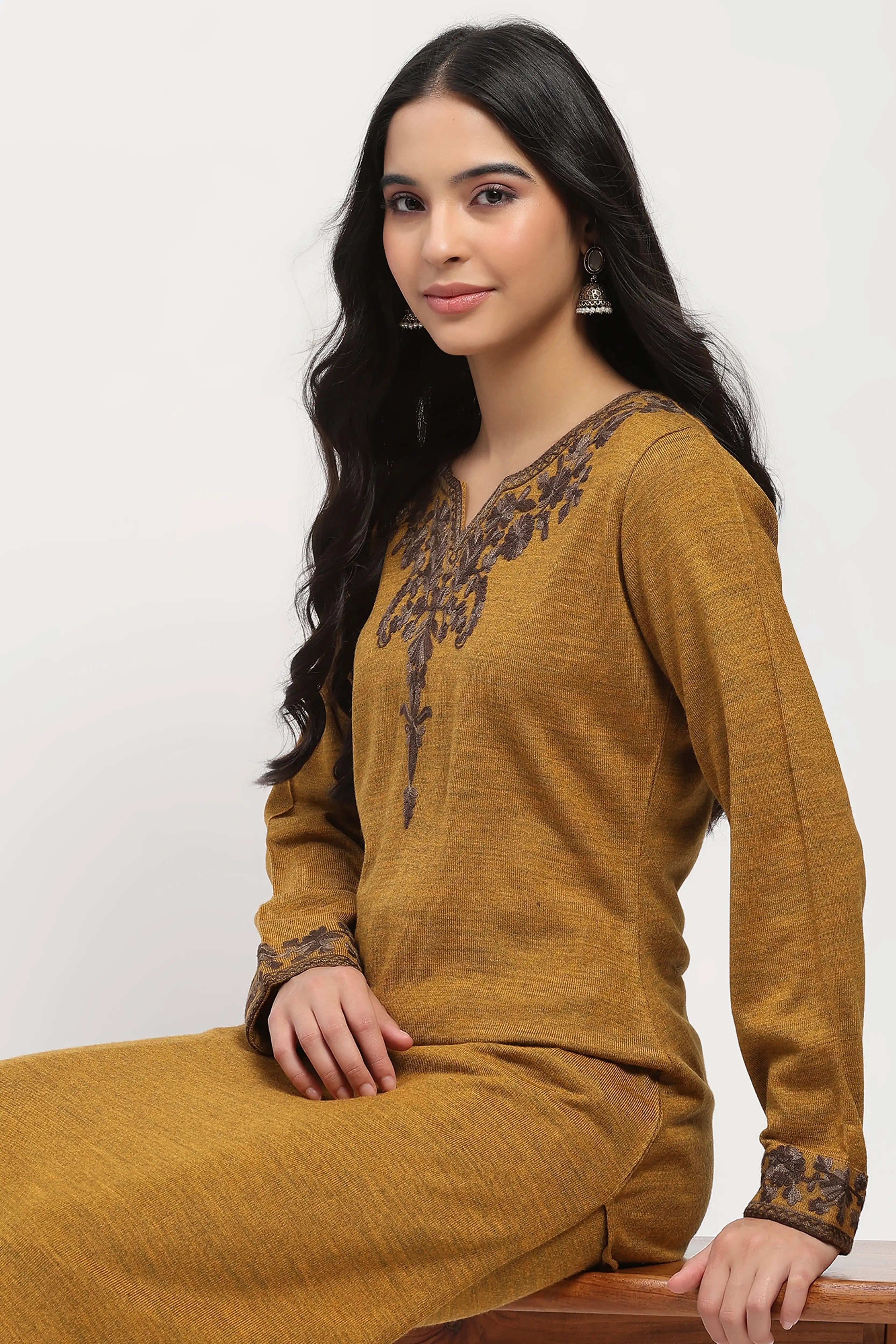 Mustard Floral Embroidered Winter Kurta
