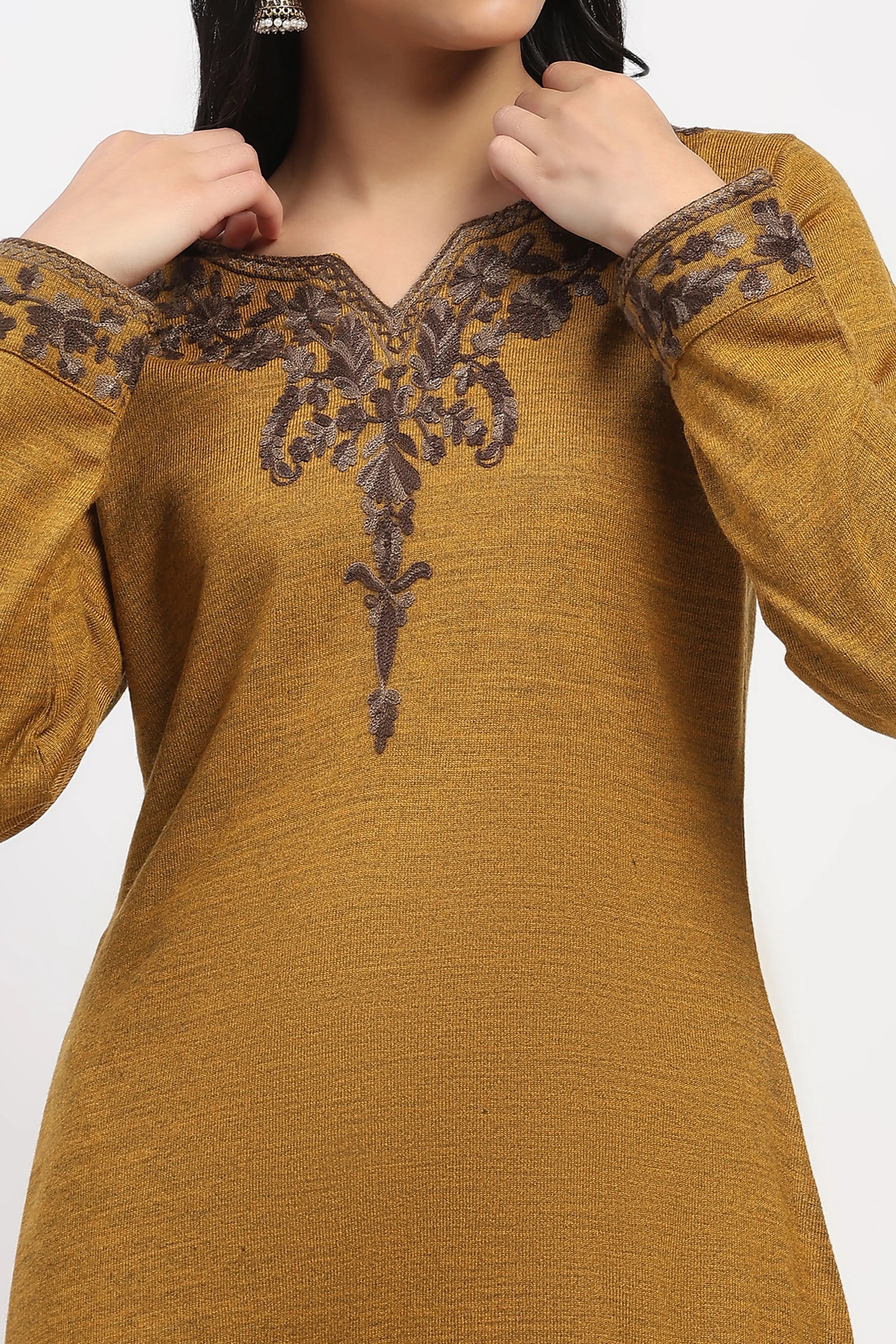 Mustard Floral Embroidered Winter Kurta