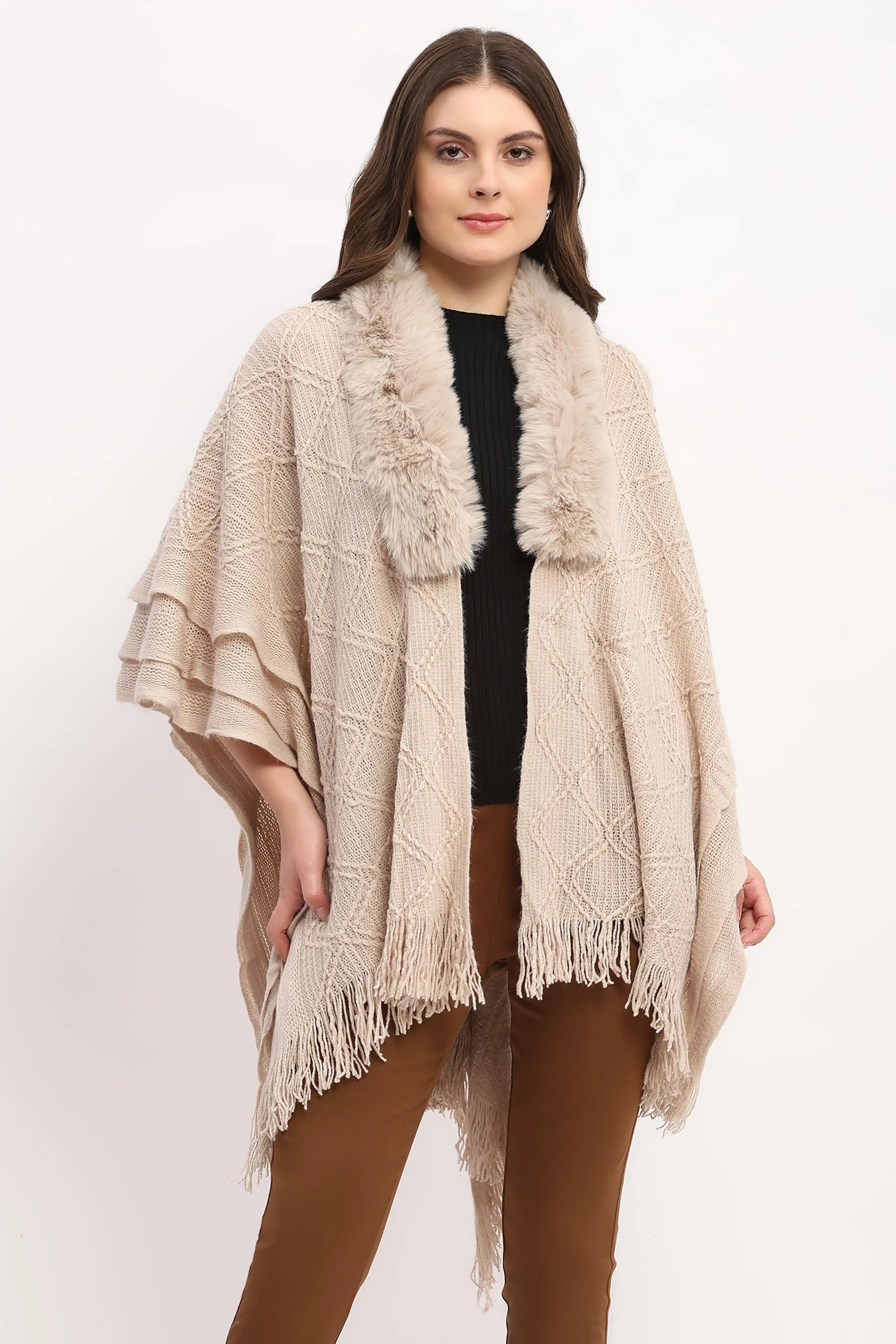 Beige Woven Winter Cape