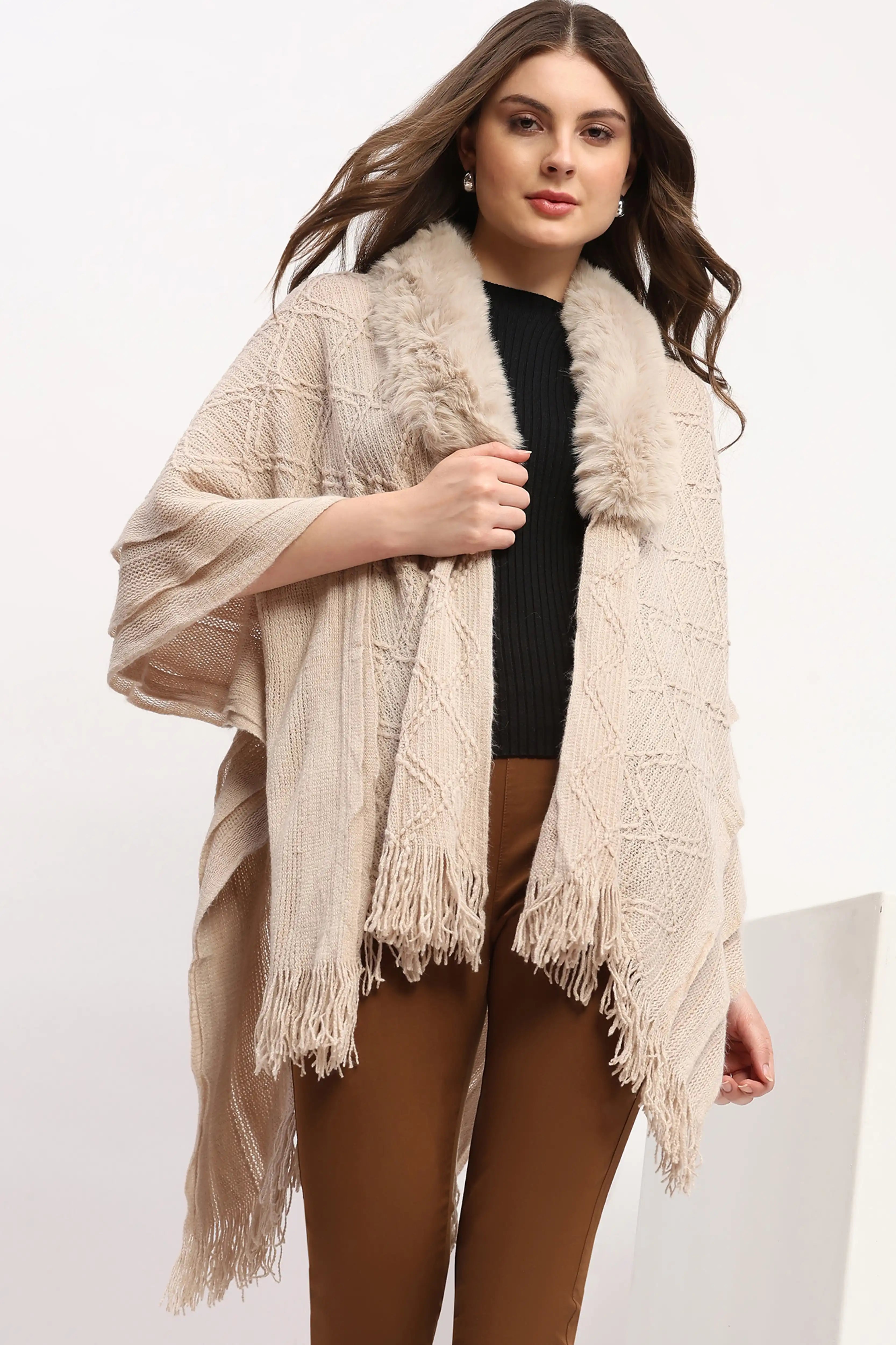 Beige Woven Winter Cape