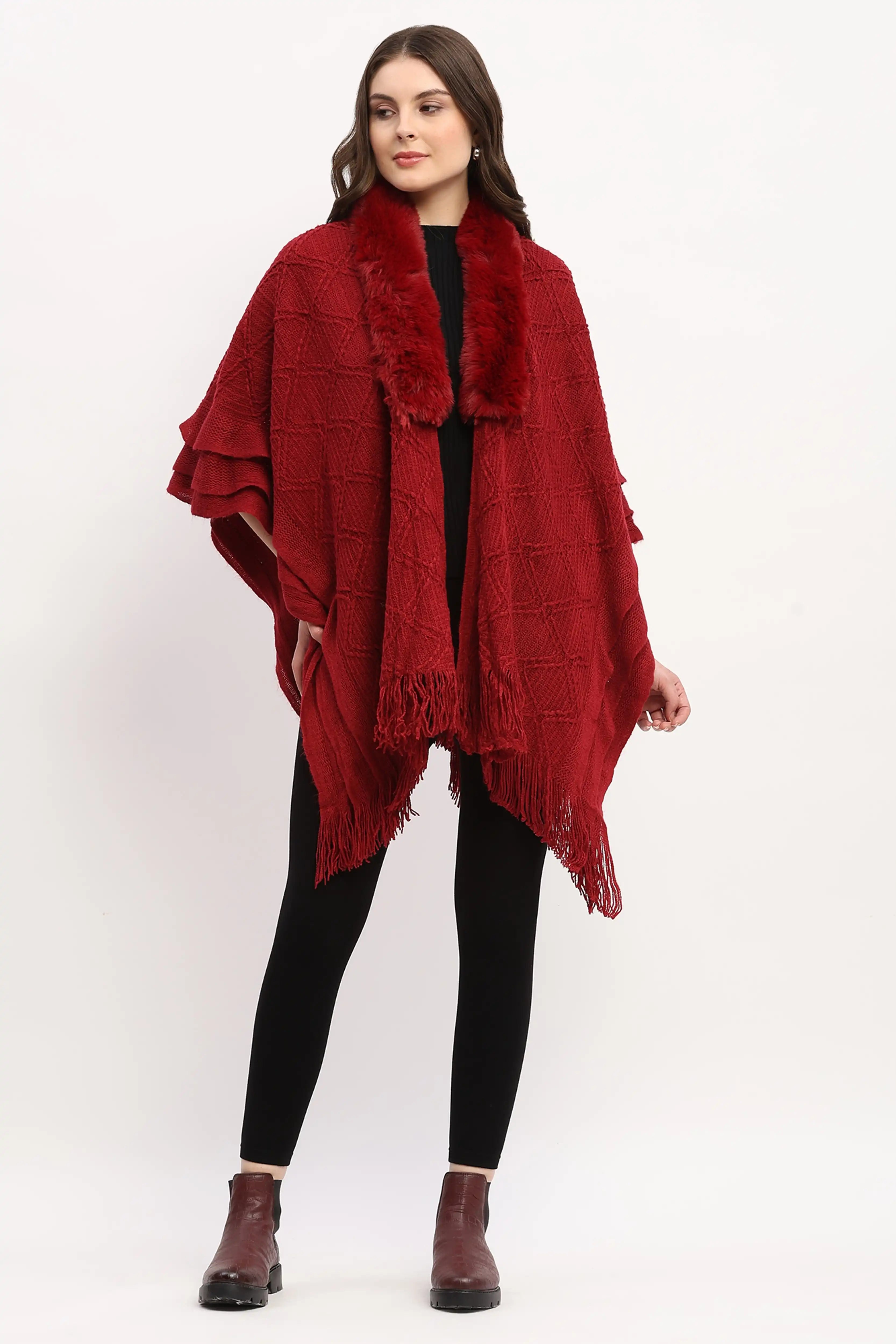 Maroon Woven Winter Cape