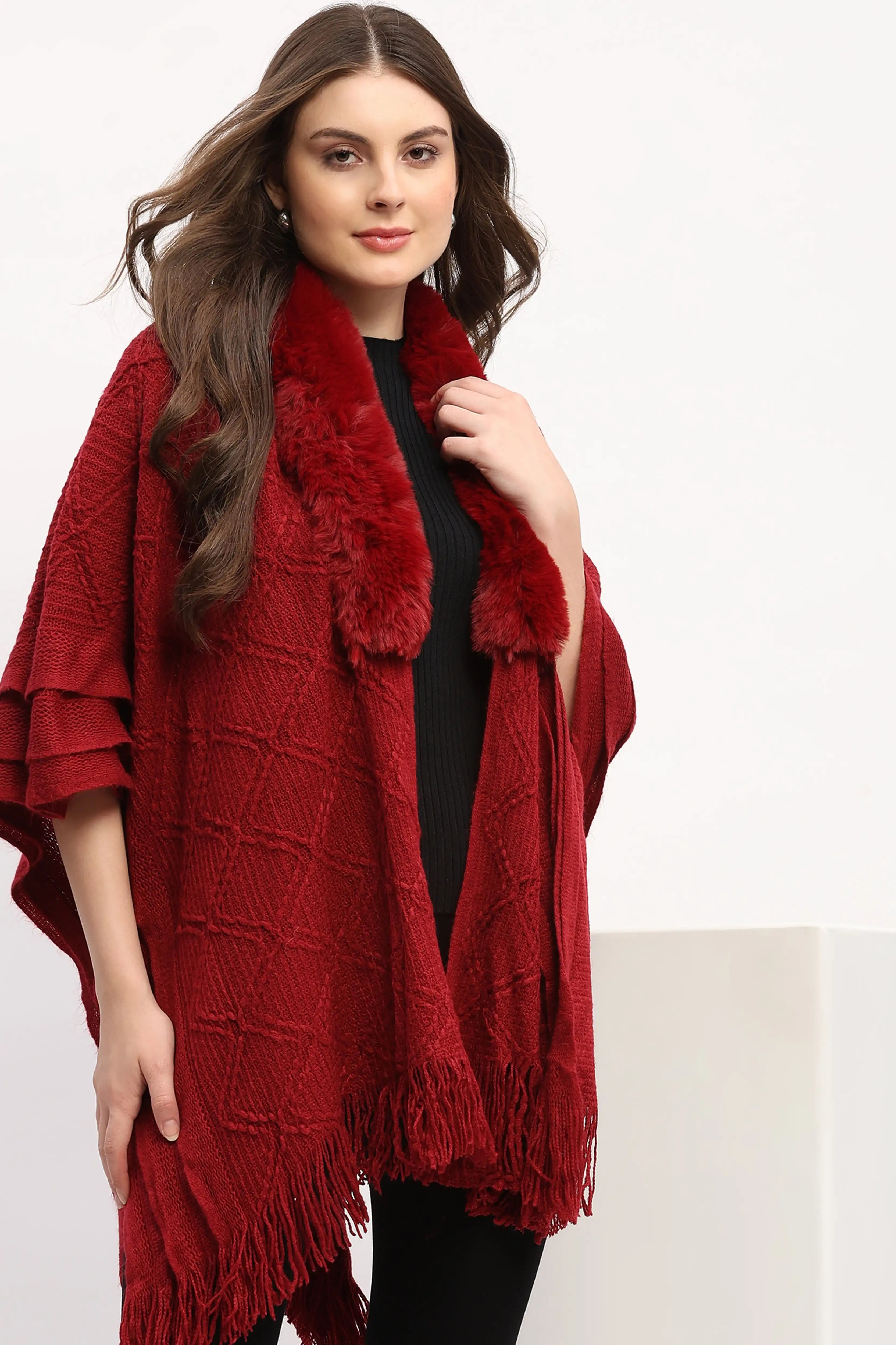 Maroon Woven Winter Cape