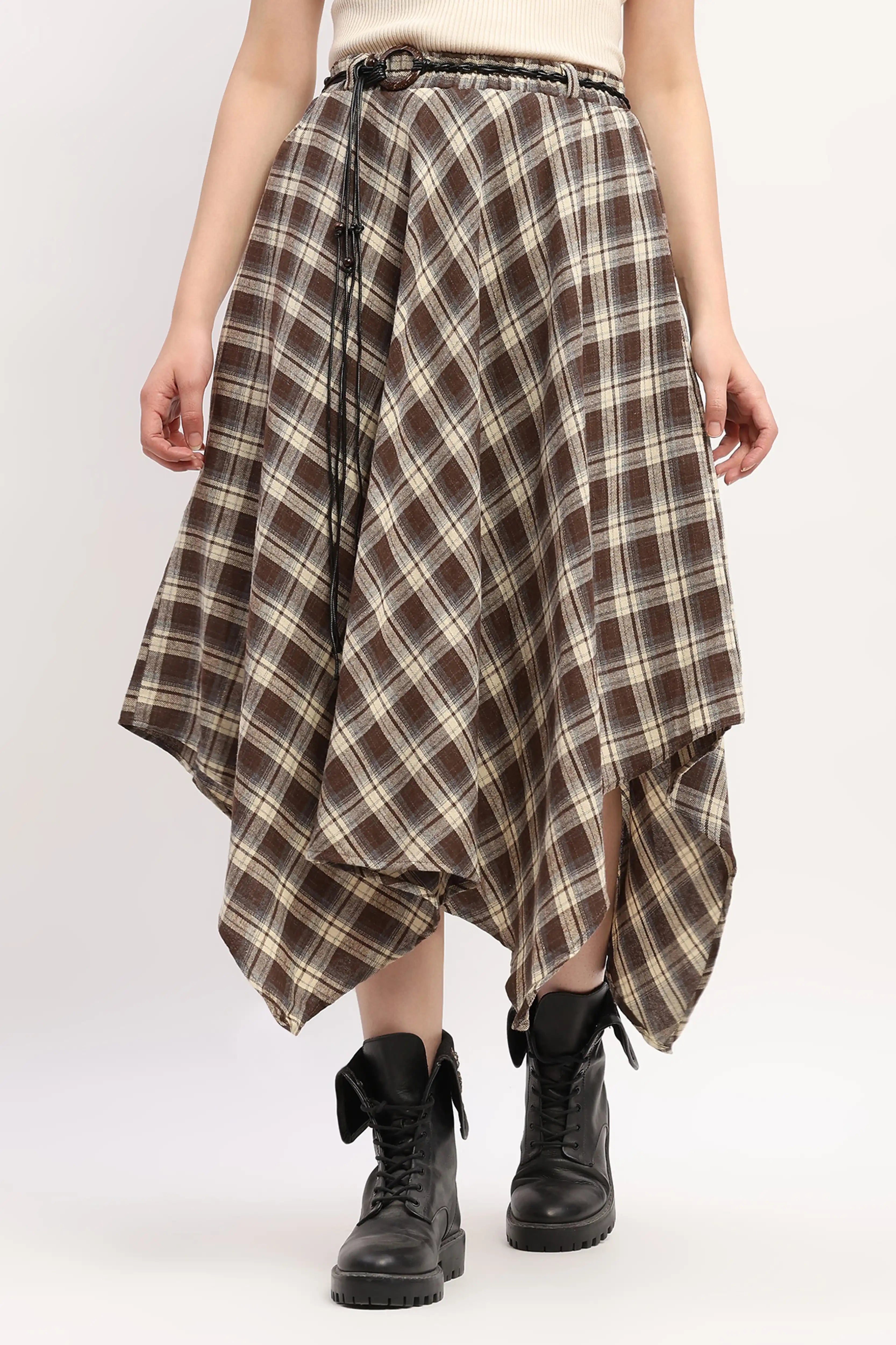 Chic Checked Asymmetric Flared Skirt