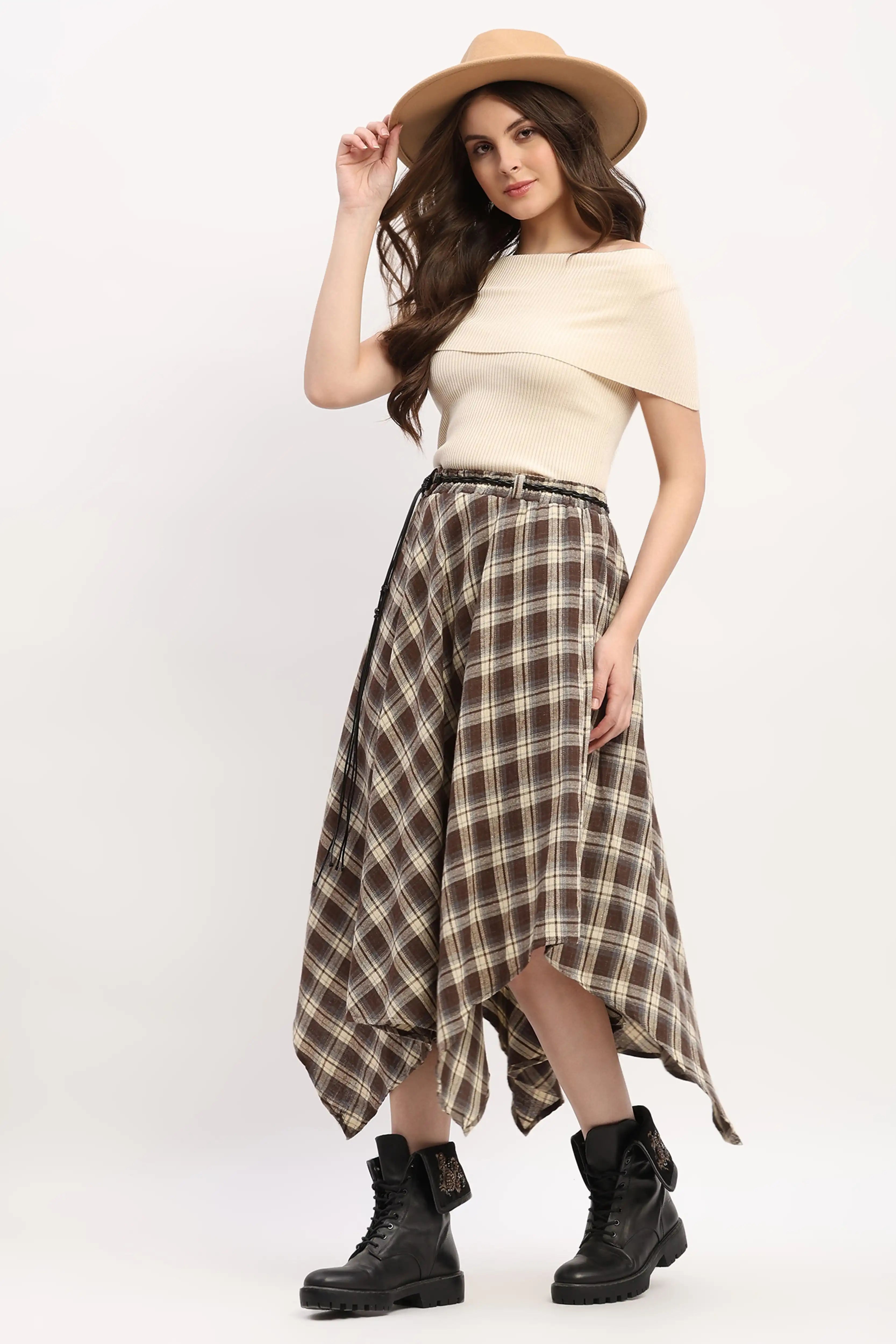 Chic Checked Asymmetric Flared Skirt
