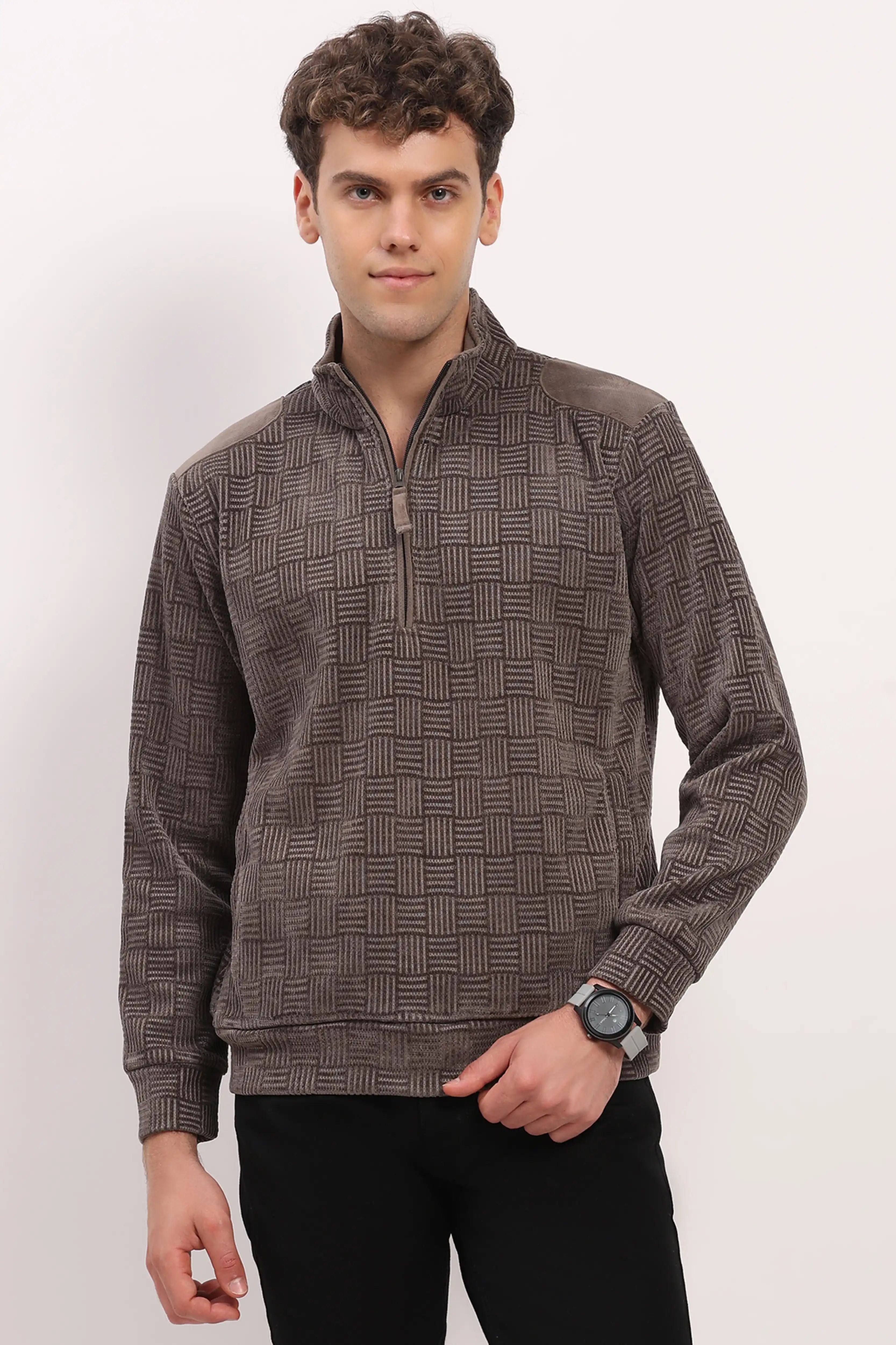 Textured Grey Half-Zip Sweatshirt