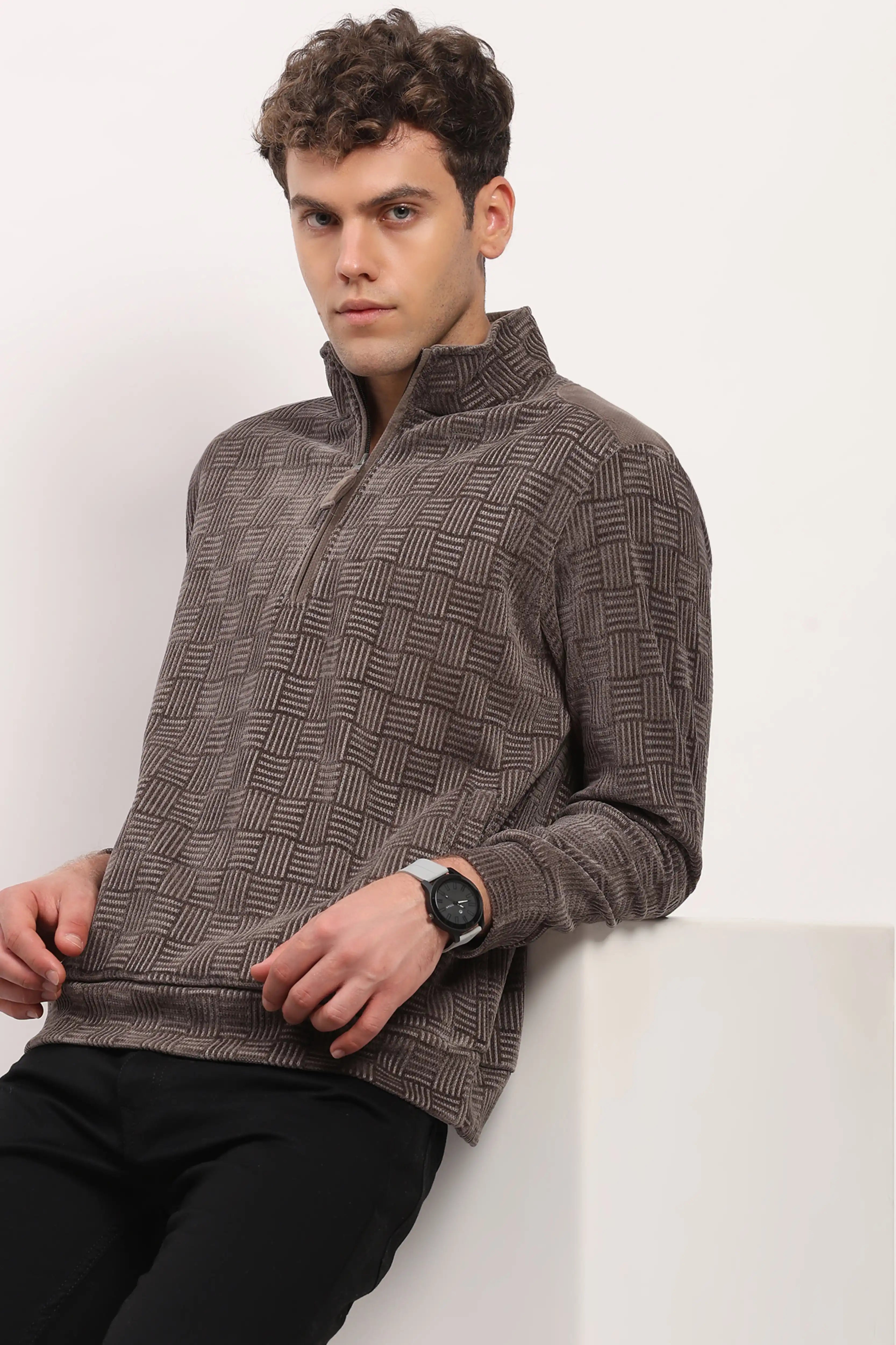 Textured Grey Half-Zip Sweatshirt